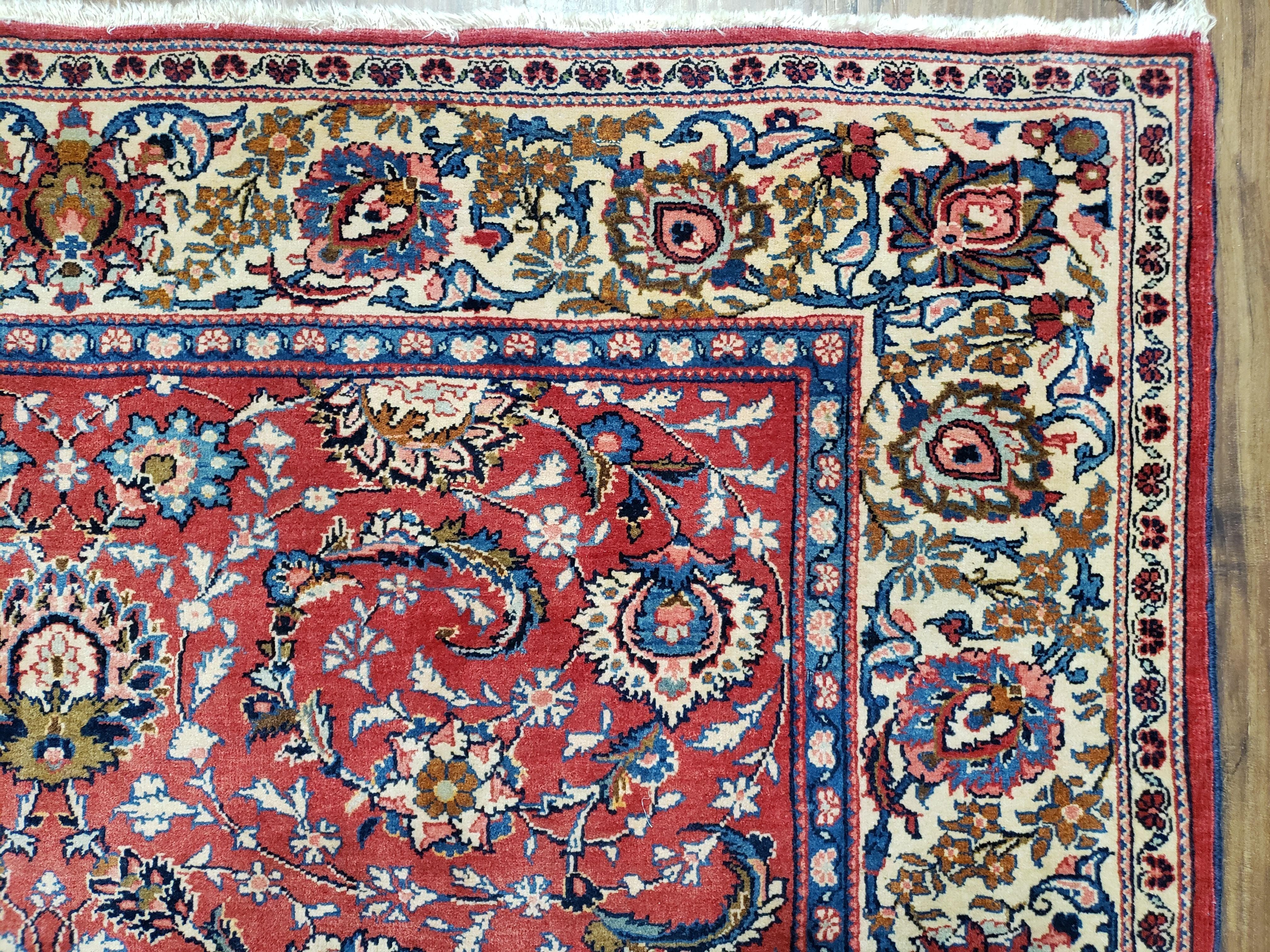 Semi Antique Persian Kashan, Red & Cream, Hand-Knotted, Wool, 4' 8" x 6' 6", Pair A - Jewel Rugs