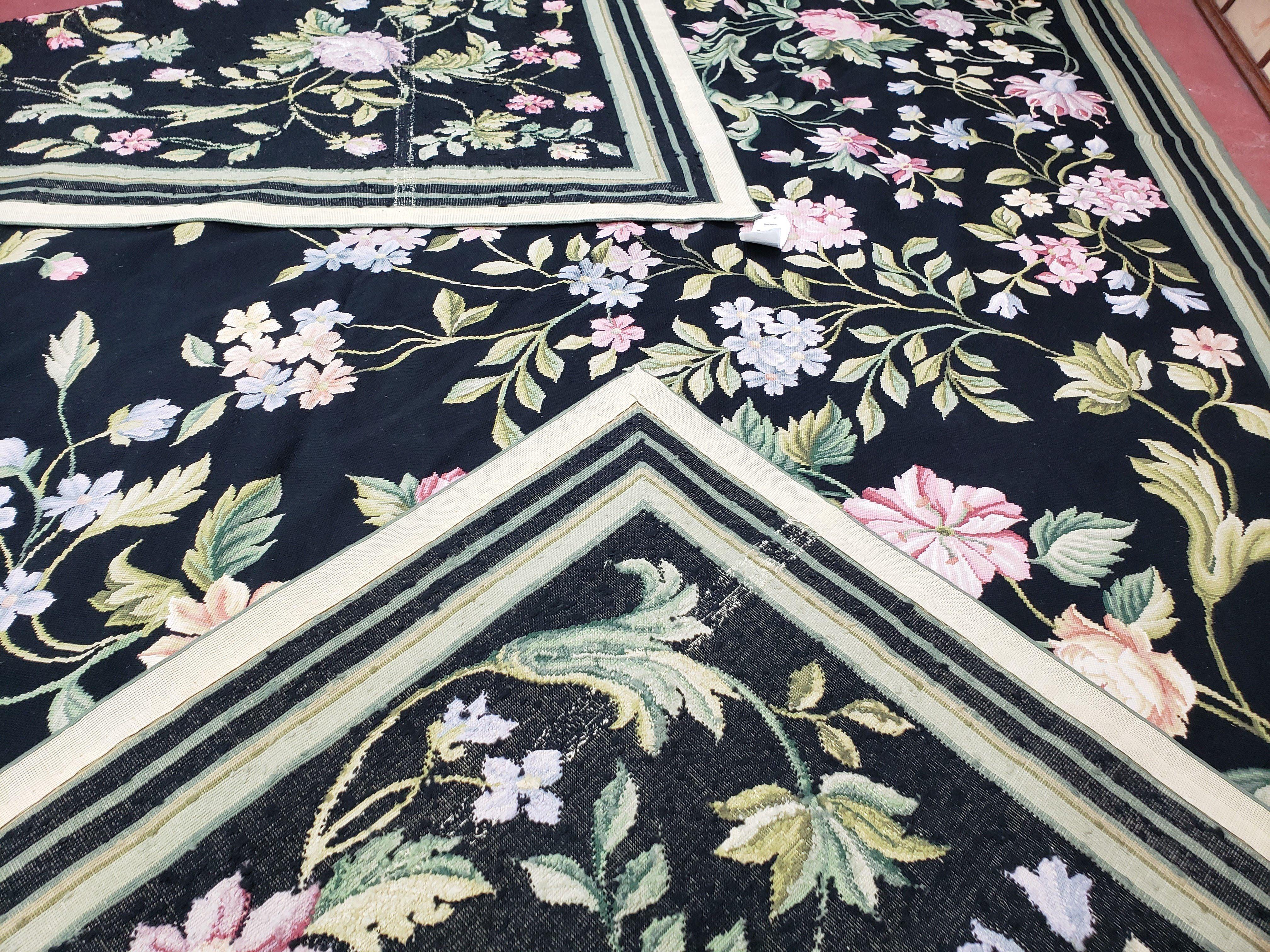 Large Needlepoint Rug, 10x14 Needlepoint, Black Rug, Allover Floral, New Needlepoint Rug, Flat Weave Rug 10 x 14, Chinese Aubusson Carpets - Jewel Rugs