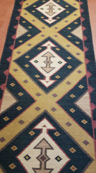 Vintage Indian Kilim Runner Rug, Geometric Flatweave Hand-Knotted Wool Kitchen Hallway Runner, Black Gold & Beige, 2' 8" x 9' 9" - Jewel Rugs