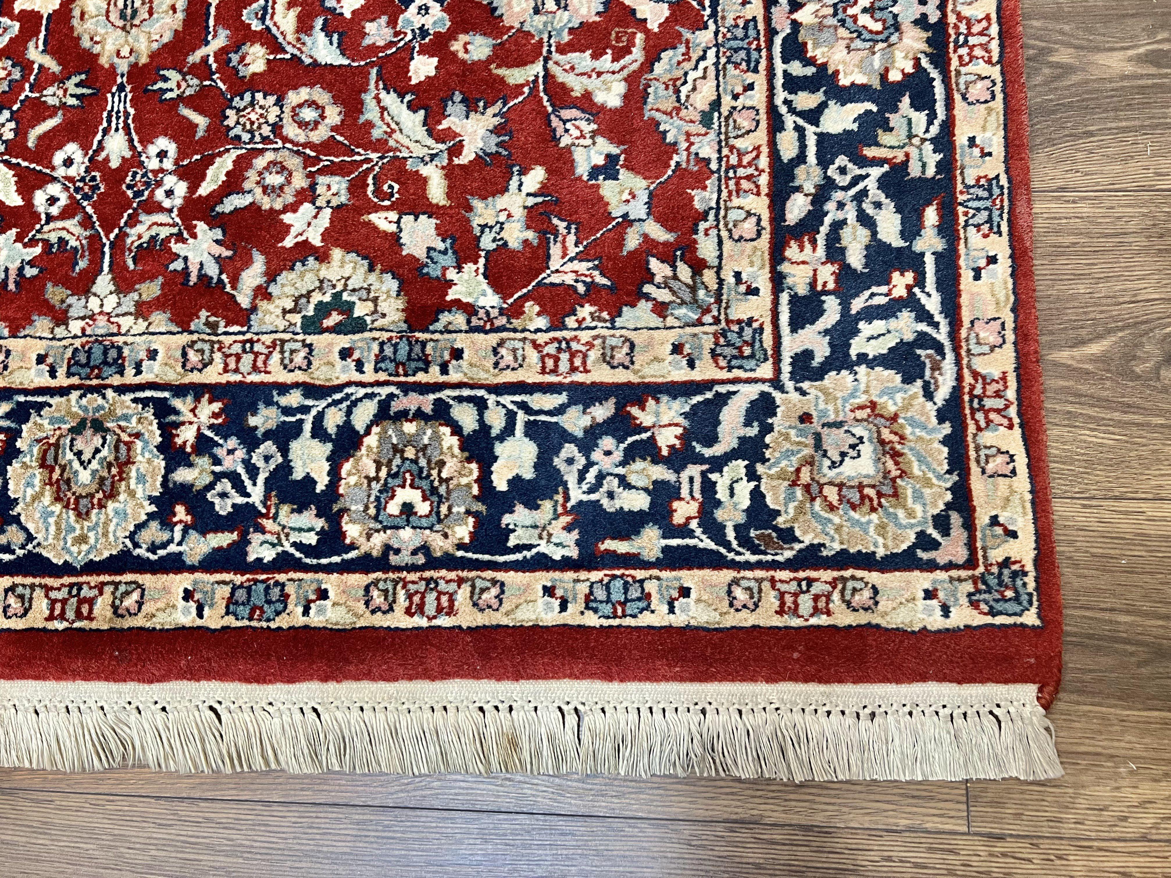 Vintage Indo Persian Runner Rug 4x10, Wool Hand-Knotted Oriental Carpet, Red Dark Blue Indian Rug, Allover Floral, Hallway Rug, Traditional - Jewel Rugs