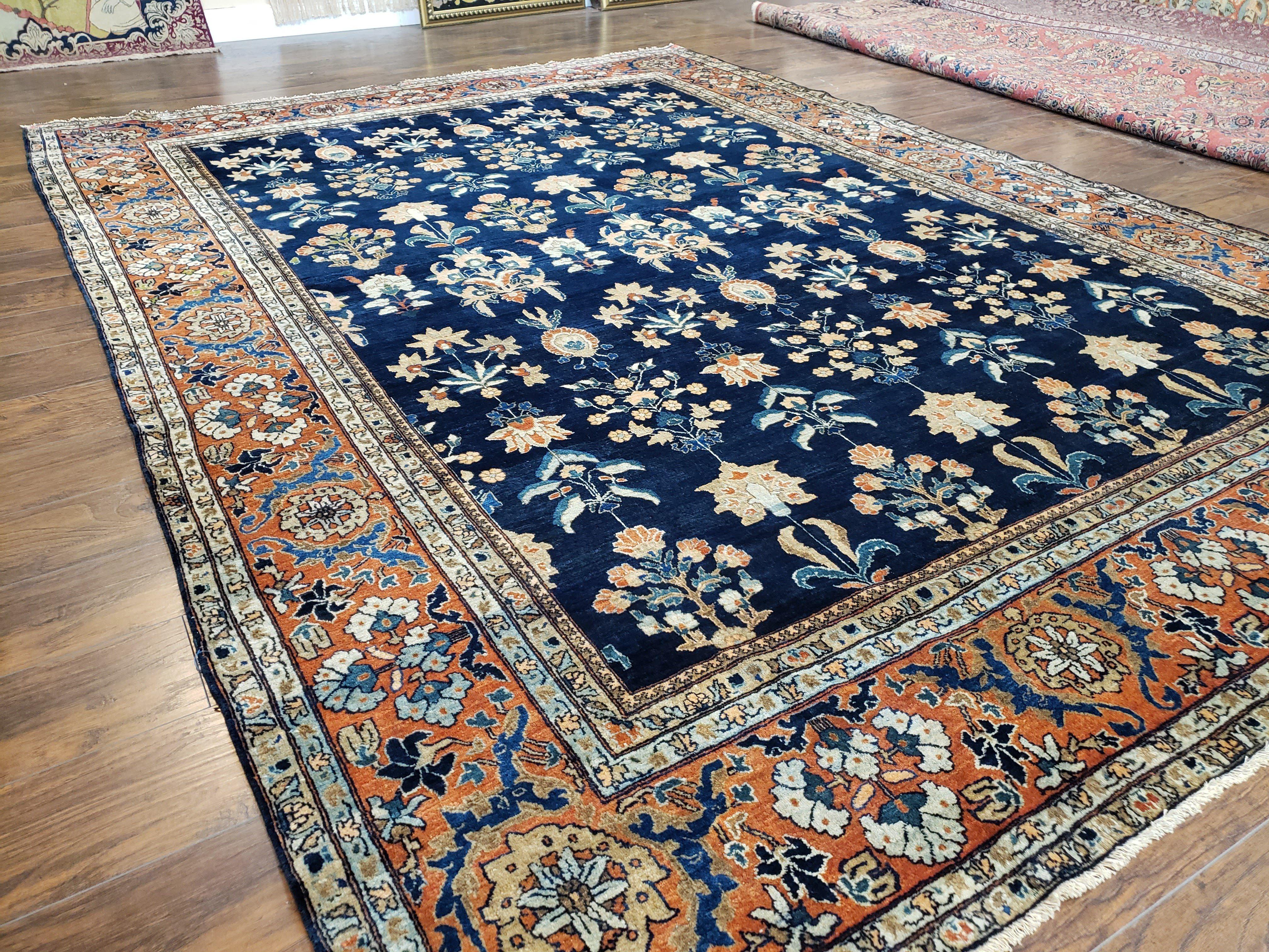 1920s Antique Persian Sarouk Mahajaran Rug, Hand Knotted, Wool, Dark Blue and Red, 8'7" x 11'10' - Jewel Rugs