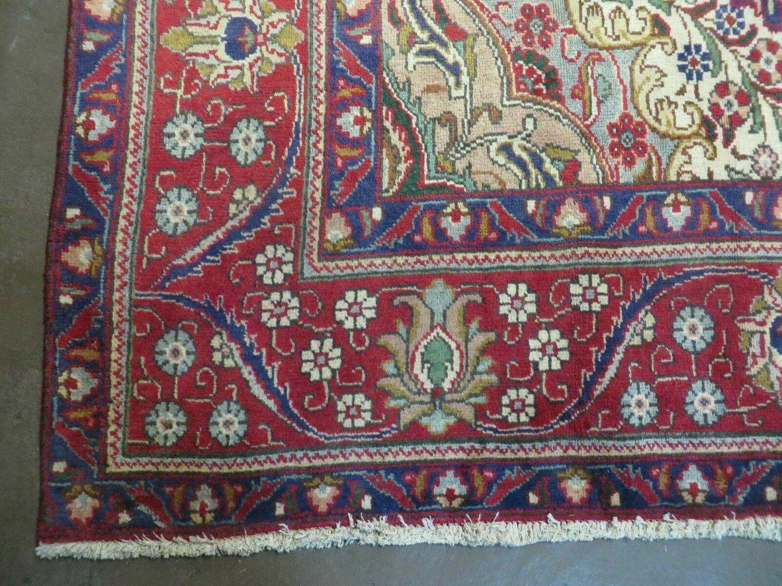 Persian Tabriz Rug 9x13 - Red Blue and Cream Rug - Floral Medallion Rug - Semi Open Field - Hand Knotted Rug - Antique Rug 9 x 13 Vintage Wool Rug - Jewel Rugs