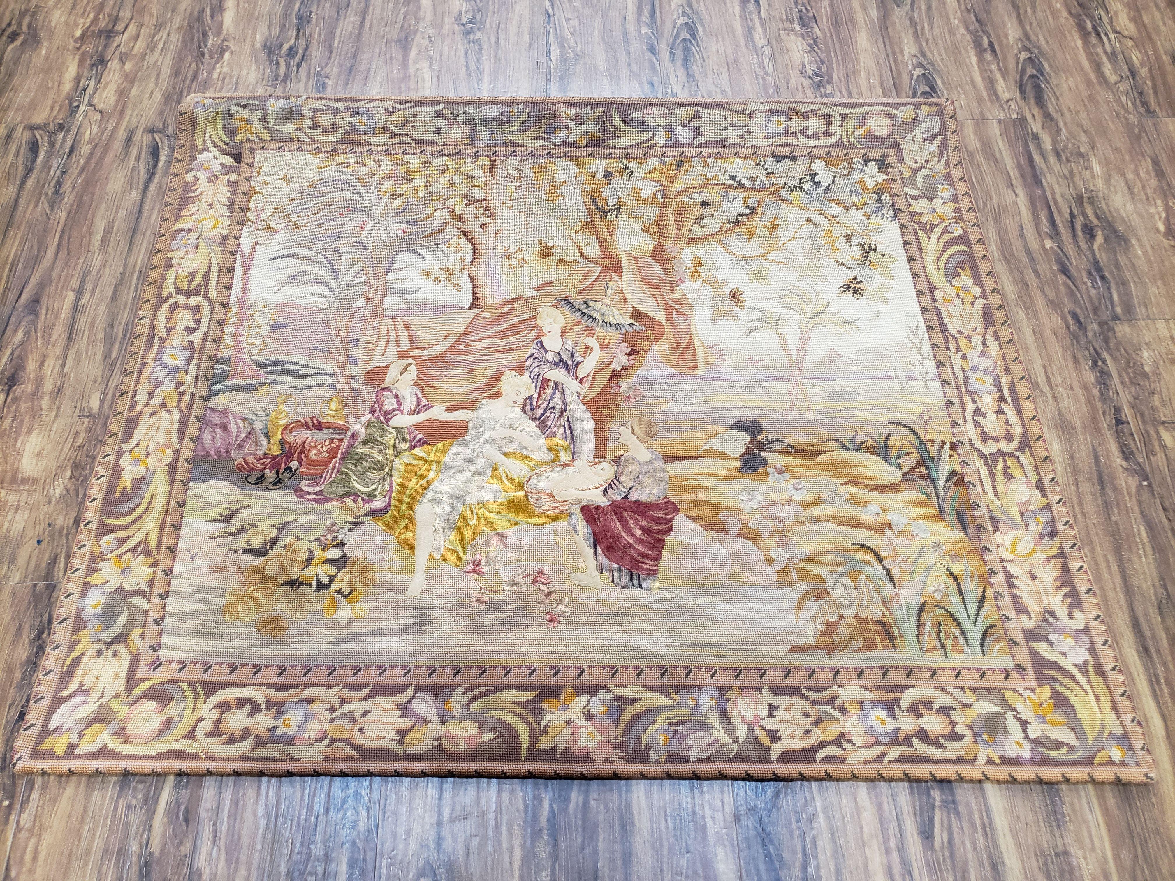 Antique French Tapestry, Petit point European Tapestry, Needlepoint Tapestry, Drawing Moses From Water, 3'6" x 4' - Jewel Rugs