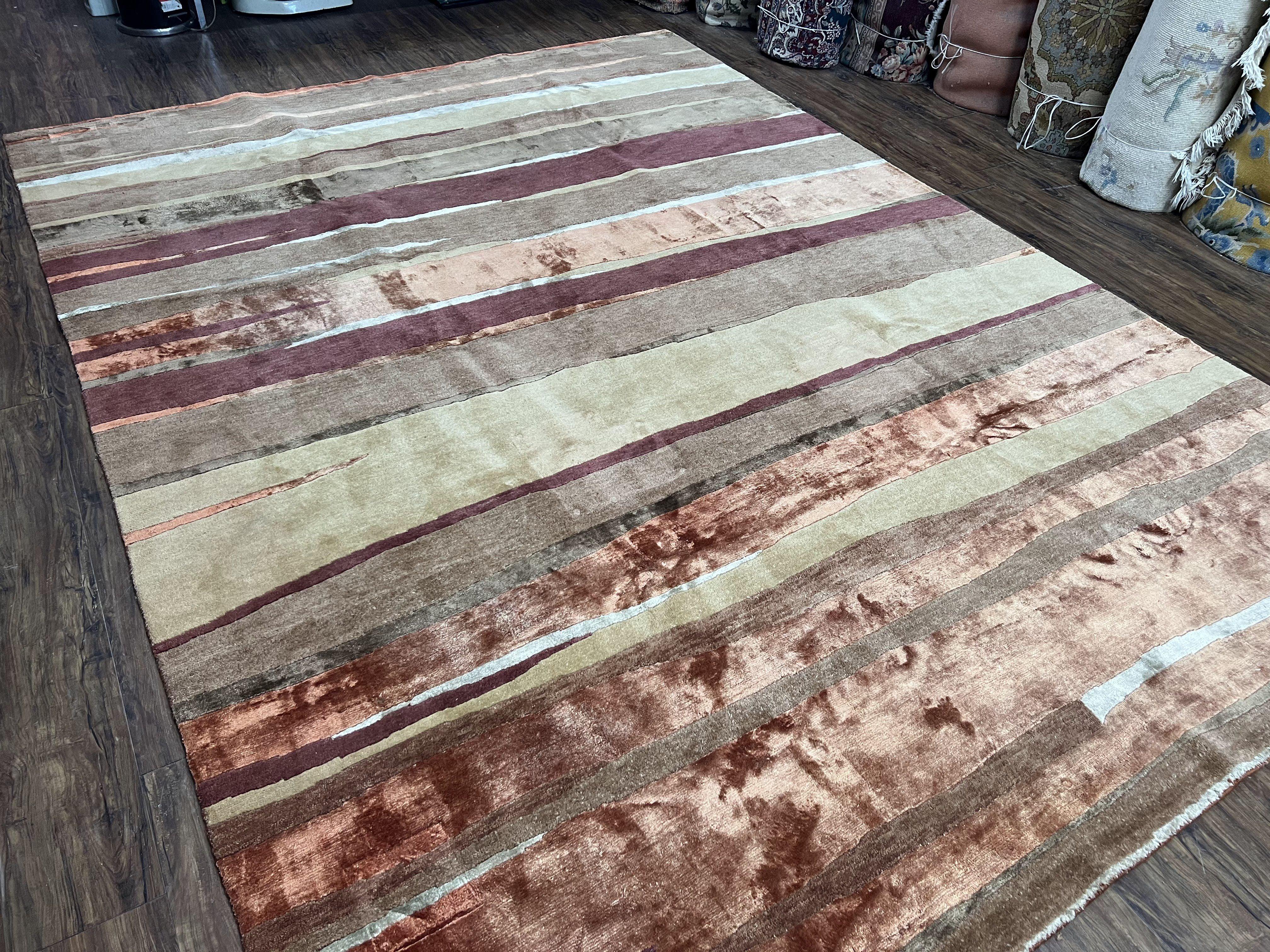 Modern Tibetan Rug 8x11 Nepali Carpet, Shiny Velvely Soft Wool and Silk, Contemporary Hand Knotted Rug, Striped Design, Wool Area Rug 8 x 11 - Jewel Rugs