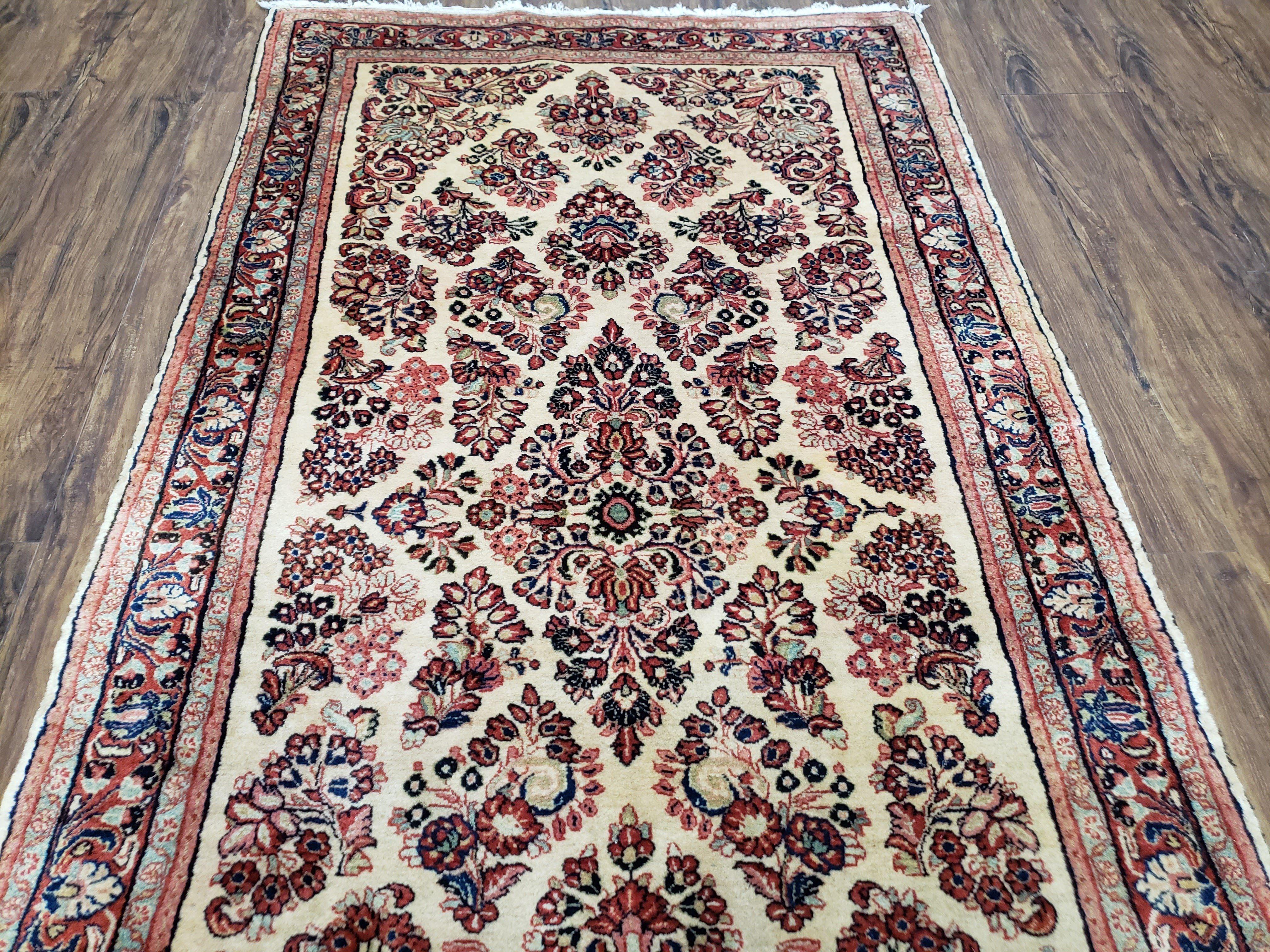 Vintage Persian Sarouk Rug, Wool, Hand-Knotted, Ivory, 3' 3" x 6' 5" - Jewel Rugs