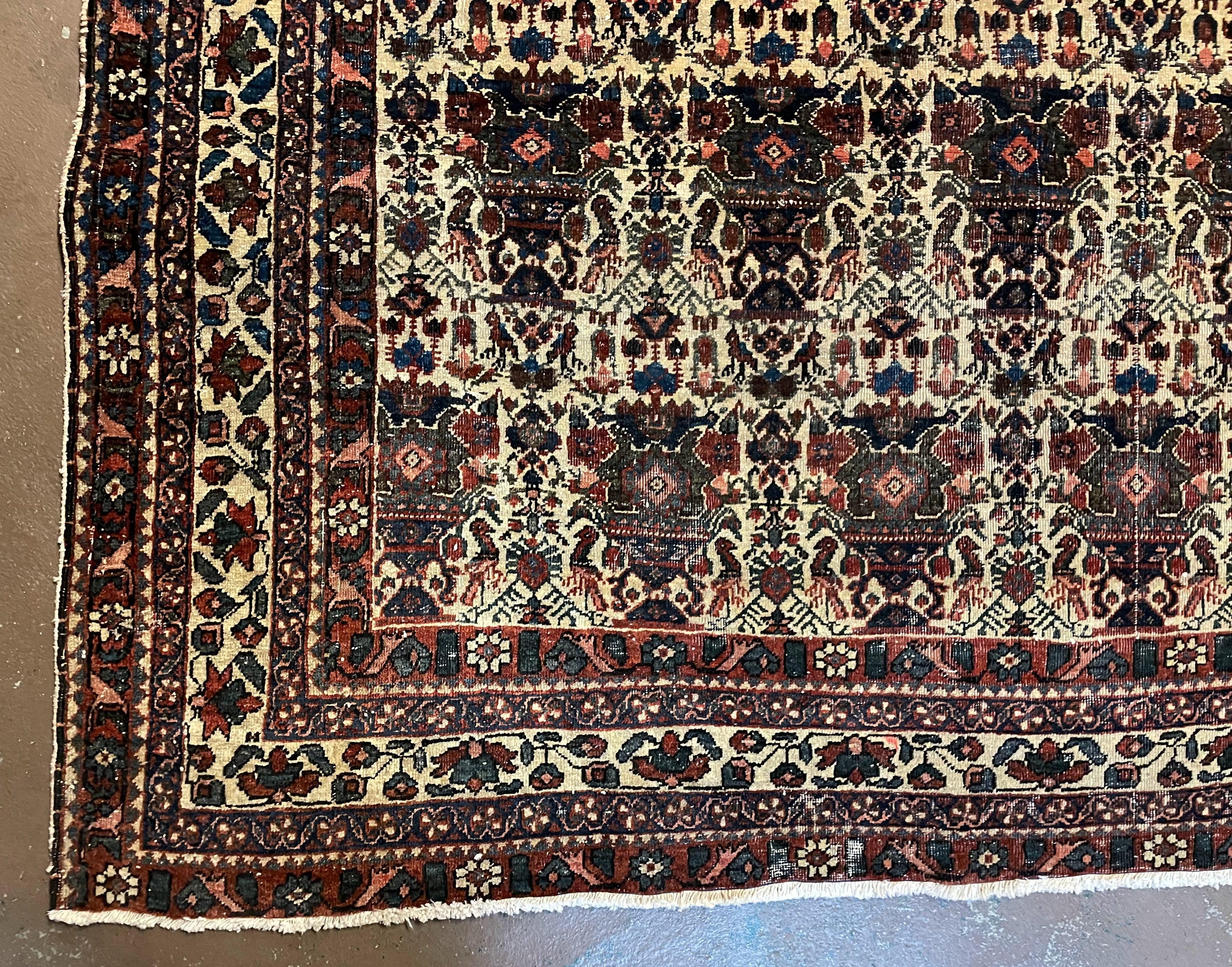 Antique Persian Afshar Rug 5x7, Wool Hand Knotted Oriental Carpet 5 x 7 ft, Repeated Motif Allover, Cream and Maroon, Tribal Rug, Medium Sized Rug,  Zil-i-Sultan Design - Jewel Rugs