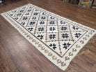 Semi Antique South American Blanket 4x8, Wool Hand-Woven Flatweave Kilim Rug, Handmade Antique Vintage Runner, Ivory & Blue, Diamond Panel - Jewel Rugs