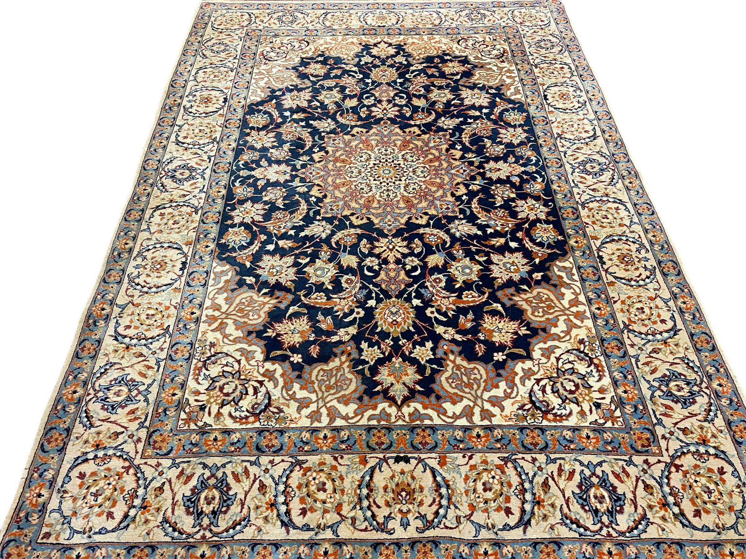 4x5 Ultra Fine Rug Handmade Rug Medallion Rug Floral Rug Beige Dark Blue Rug - Jewel Rugs