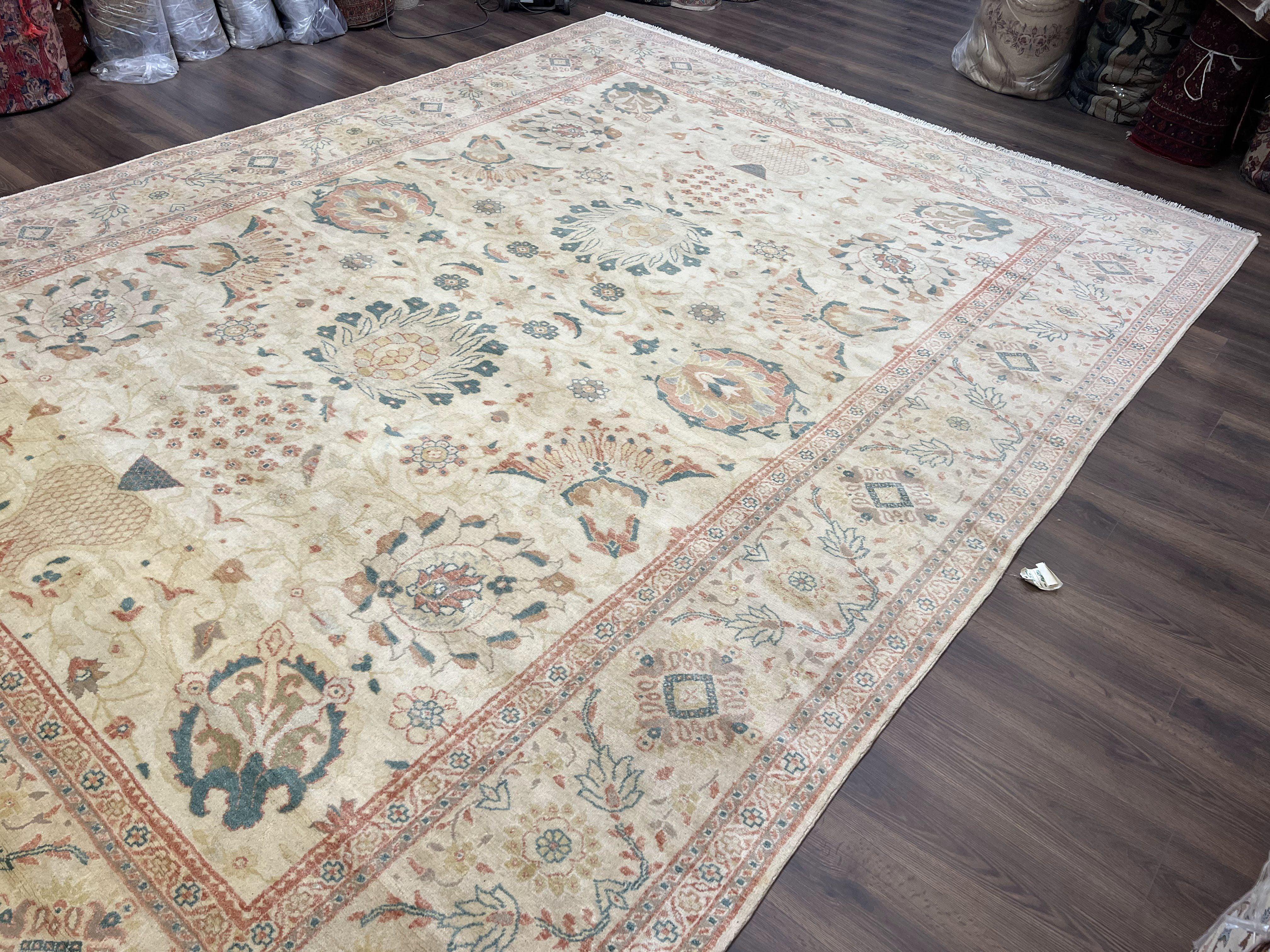 Large Turkish Rug 10x14, Mahal Sultanabad Oriental Carpet 10 x 14 ft, Silver-Beige, Large Floral Hand Knotted Vintage Wool Rug, Very Fine - Jewel Rugs