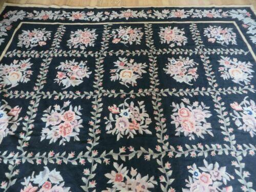 8' X 10' Handmade French Garden Aubusson Savonnerie Design Black Needlepoint Rug - Jewel Rugs