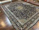 Wonderful Persian Kashan Rug 10x13, Navy Blue Light Blue Tan, Hand Knotted Wool Oriental Carpet Floral Allover Medallion 1950s Semi Antique Vintage - Jewel Rugs