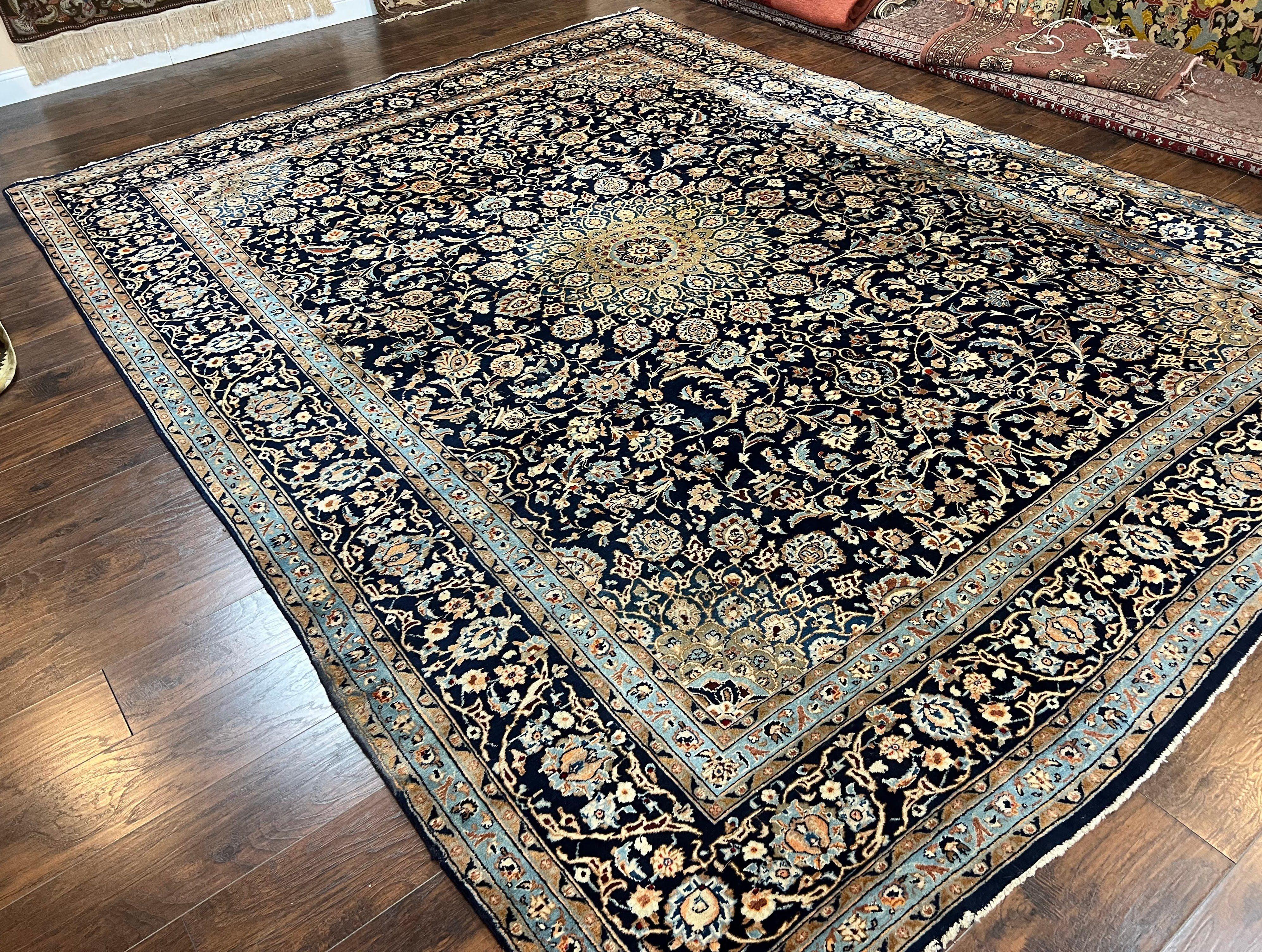 Wonderful Persian Kashan Rug 10x13, Navy Blue Light Blue Tan, Hand Knotted Wool Oriental Carpet Floral Allover Medallion 1950s Semi Antique Vintage - Jewel Rugs