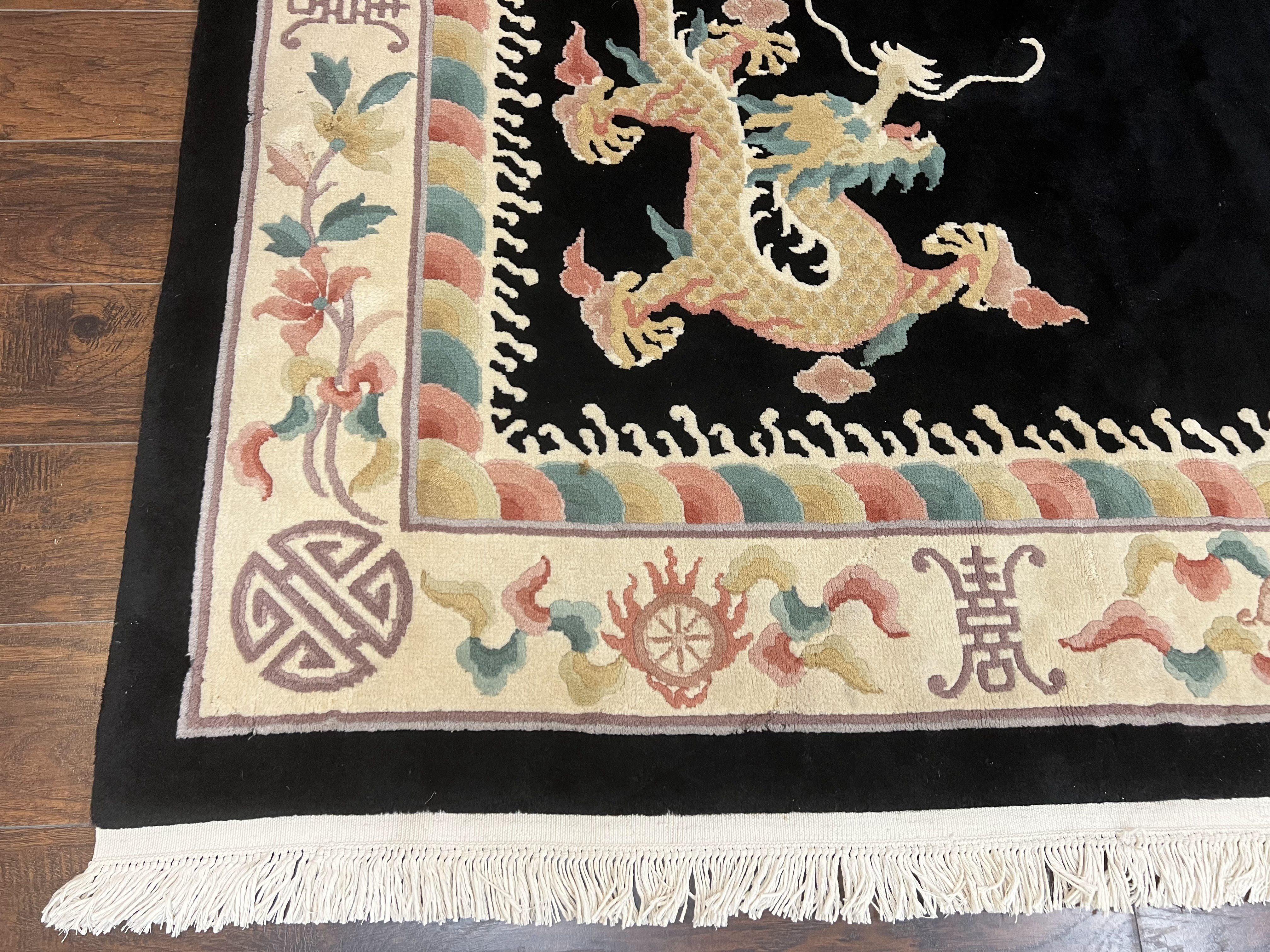 Chinese Wool Rug 8x11, Dragon Medallion and Dragon Corners, Black and Beige, Soft Wool, Asian Oriental Art Deco Carpet, Hand Knotted 90 Line - Jewel Rugs