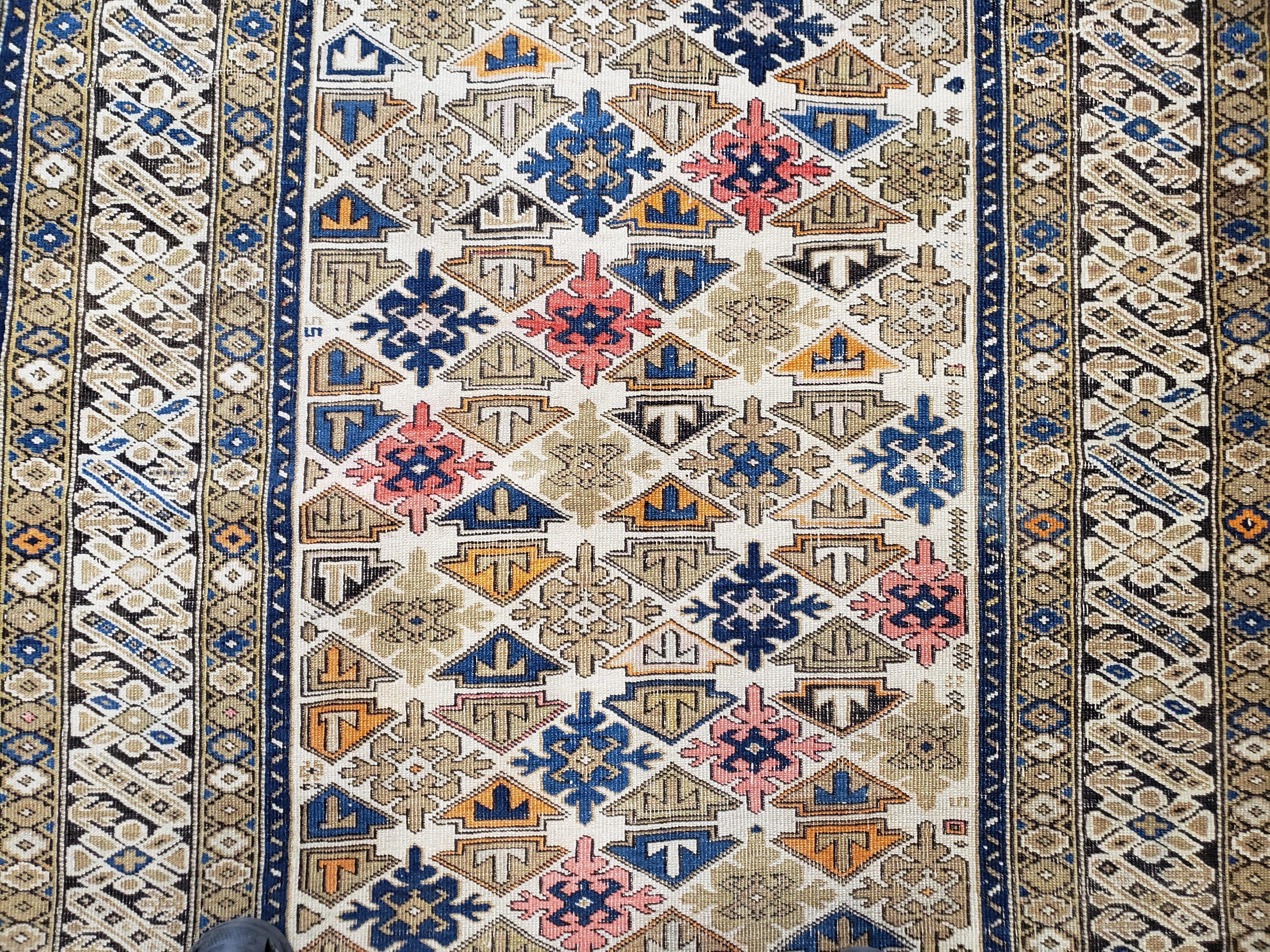 Antique Caucasian Shirvan Area Rug 4x5, 1920s Kuba Rug, Caucasus Mountains Wool Hand-Knotted Dagestan Carpet, Ivory Blue Yellow, Collectible - Jewel Rugs