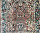 Silk Turkish Hereke Rug 2.8 x 3.2, Small Square Oriental Carpet 3x3, Prayer Arch Birds Animals Vase, Top Quality Very Fine, Salmon Navy Blue - Jewel Rugs