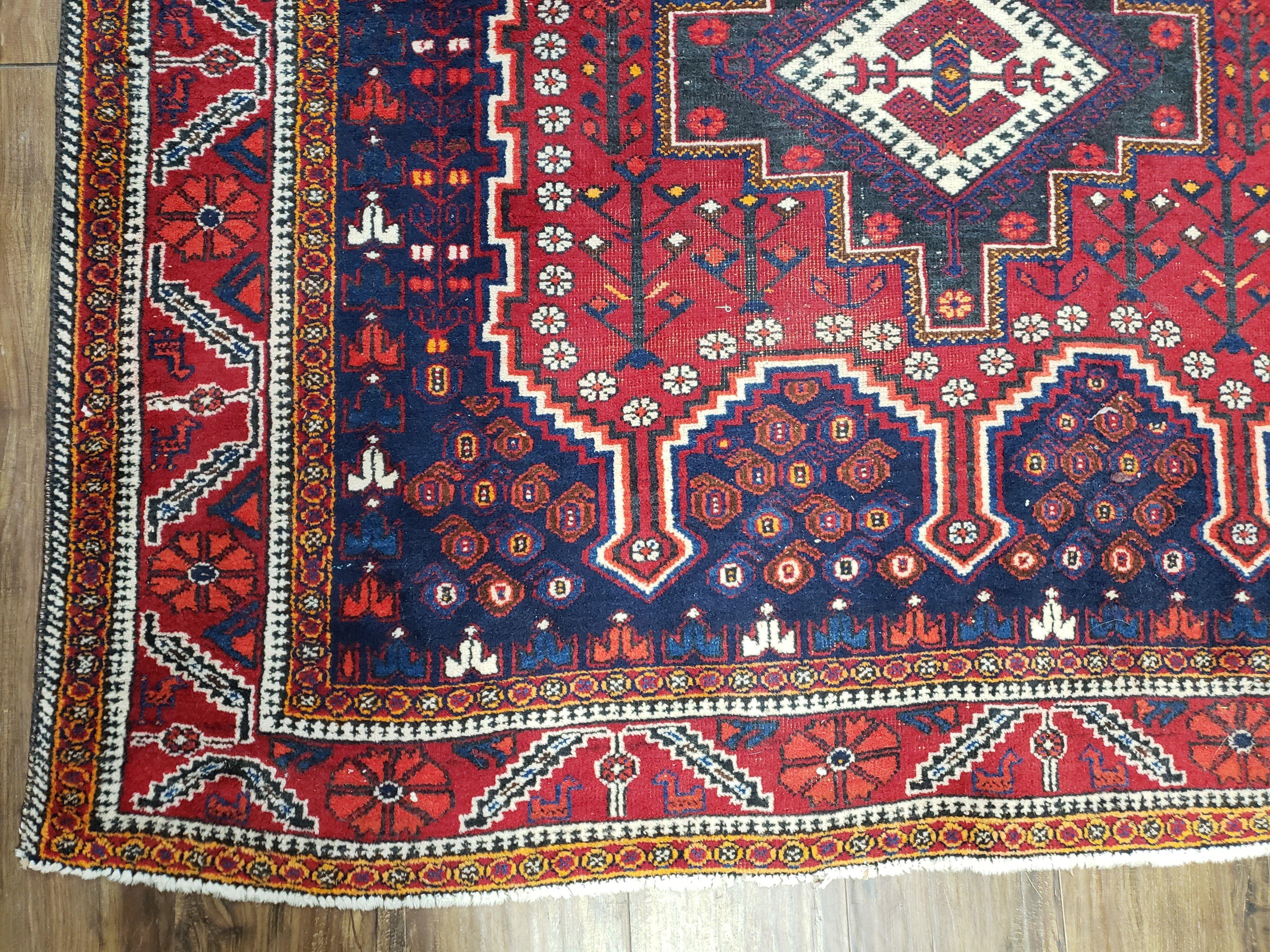 Antique Persian Shiraz Tribal Rug, Afshar Design, Double Medallion, Hand-Knotted, Red and Navy Blue, Wool, 5' 1" x 6' 8" - Jewel Rugs