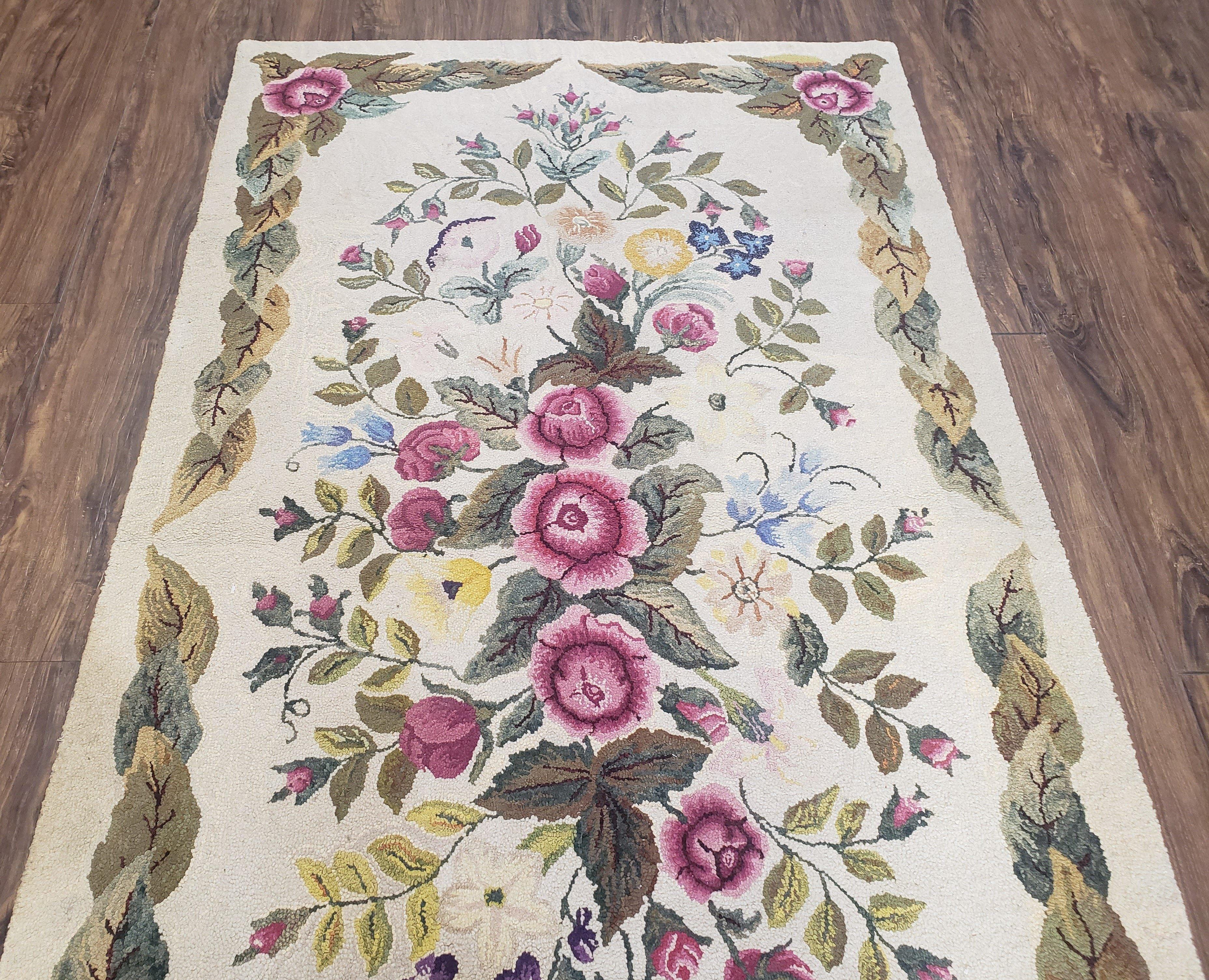 Vintage American Hooked Area Rug 3 x 5.6, Handmade Ivory 3x5 - 3x6 Floral Roses Flower Wool Carpet, Entryway Rug, Pair B - Jewel Rugs