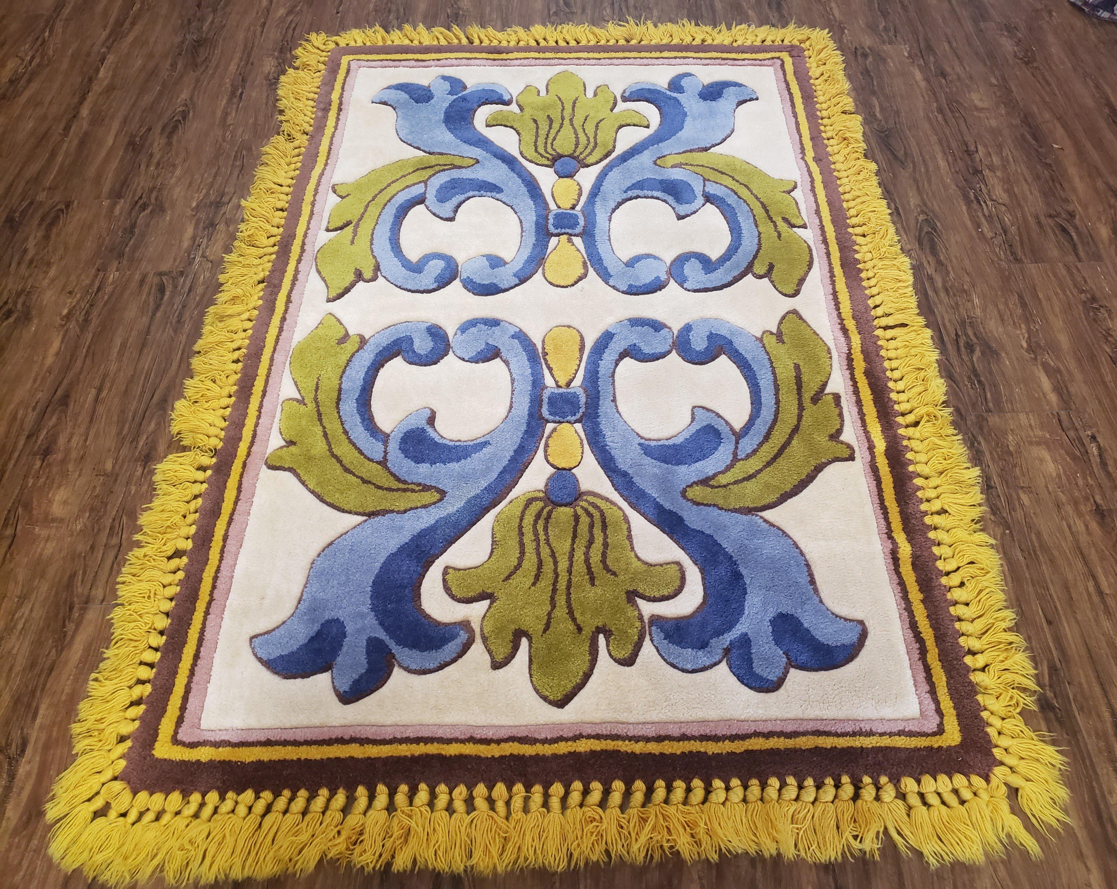 Vintage Edward Fields Area Rug 4x6, Wool Hand-Tufted Modern Abstract Rug, 4 x 6 Blue Ivory & Yellow Soft Kids Nursery Room Rug, Bedroom Rug - Jewel Rugs