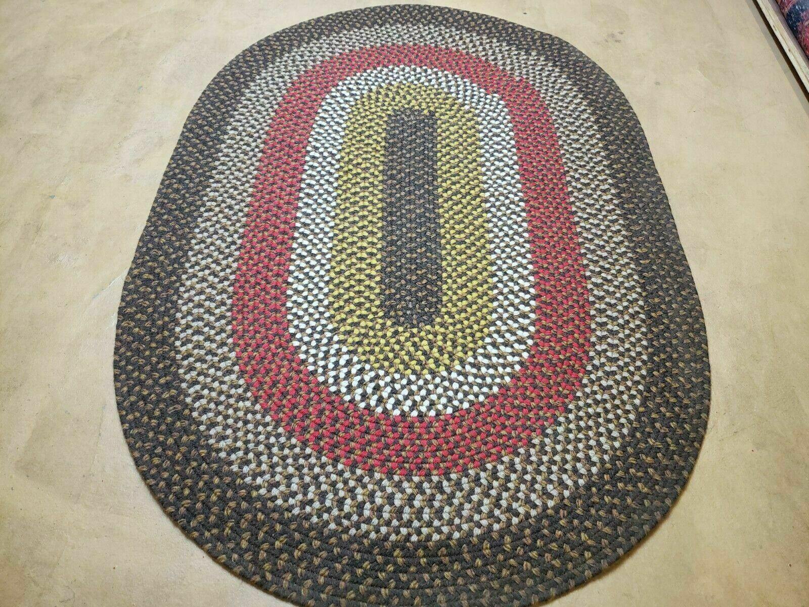 4' X 6' Vintage Handmade American Braided Rug Runner Oval Brown Red Yellow - Jewel Rugs