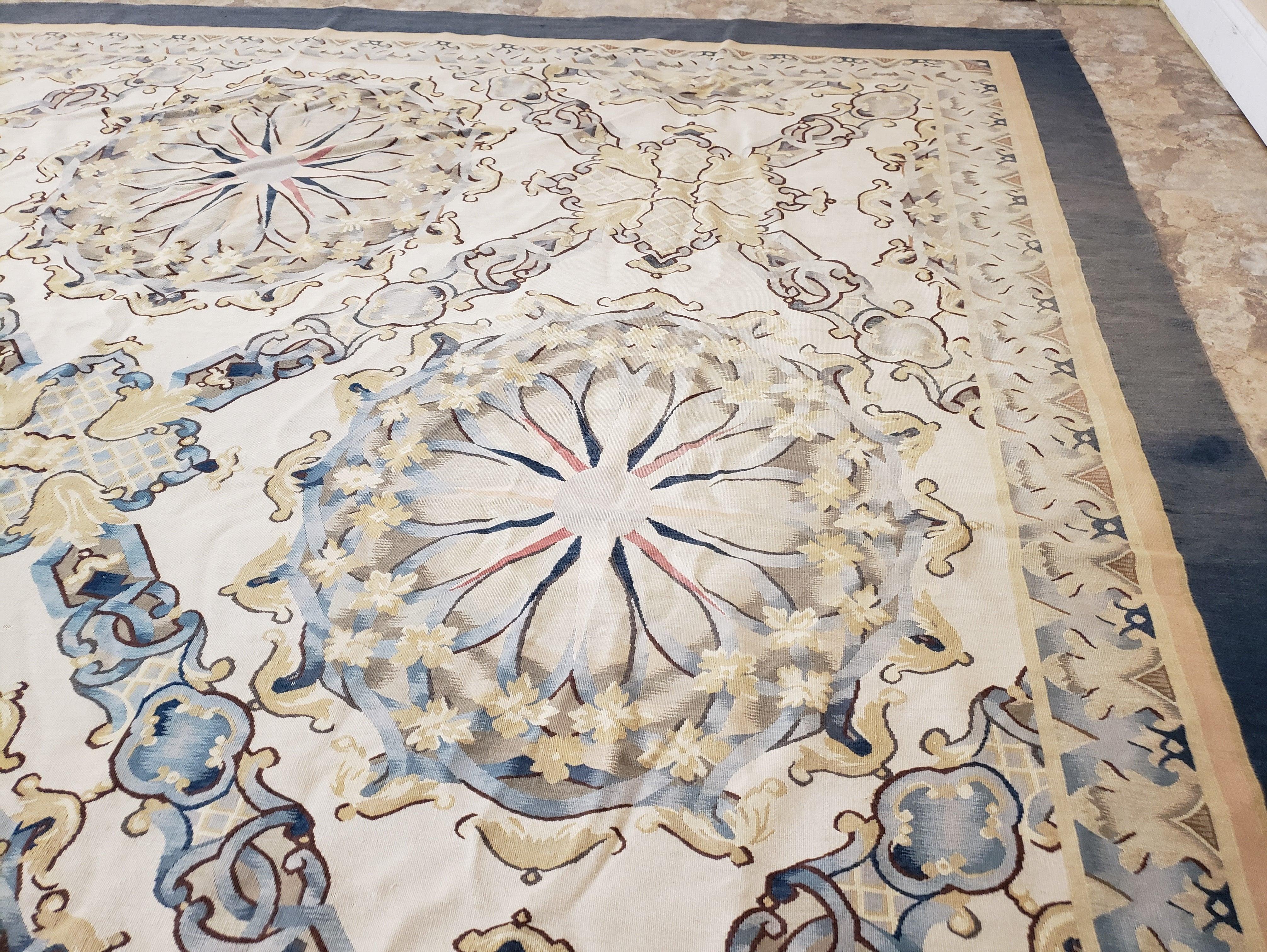 Oversized Aubusson Rug 16 x 21 ft, Palace Sized Flat Weave Carpet, Extra Large Handmade Rug, Flat Weave Chinese Aubusson, Wool, Ivory Blue - Jewel Rugs