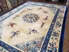 Vintage Chinese Carving Rug, Hand-Knotted Area Rug 9x12, Cream & Blue Art Deco Carpet, Asian Style Rugs, Soft Plush Wool Living Room Rug - Jewel Rugs