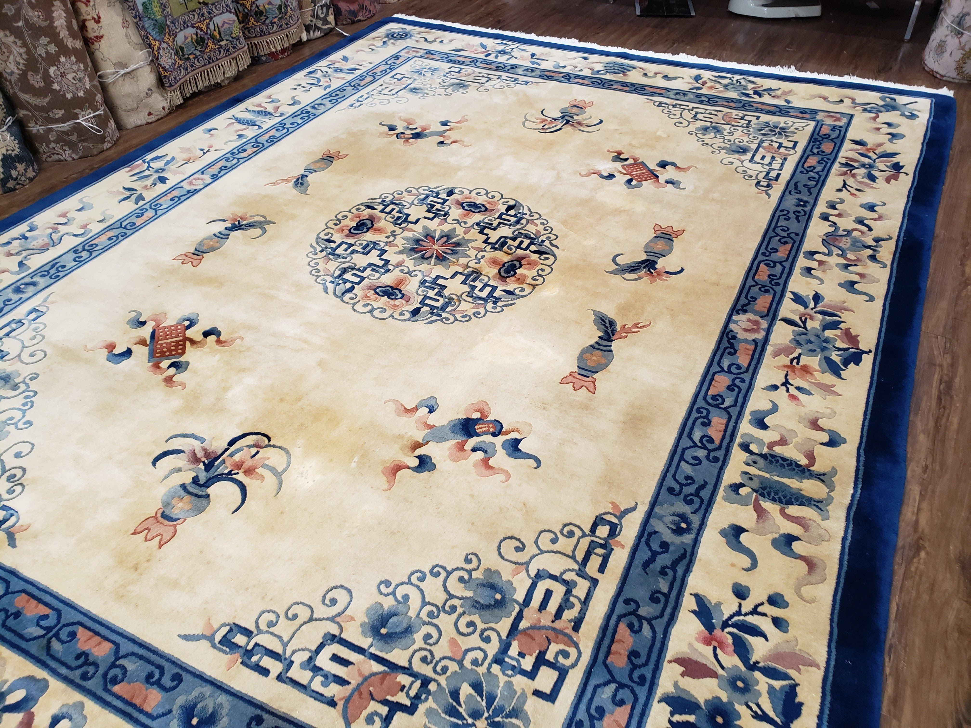 Vintage Chinese Carving Rug, Hand-Knotted Area Rug 9x12, Cream & Blue Art Deco Carpet, Asian Style Rugs, Soft Plush Wool Living Room Rug - Jewel Rugs