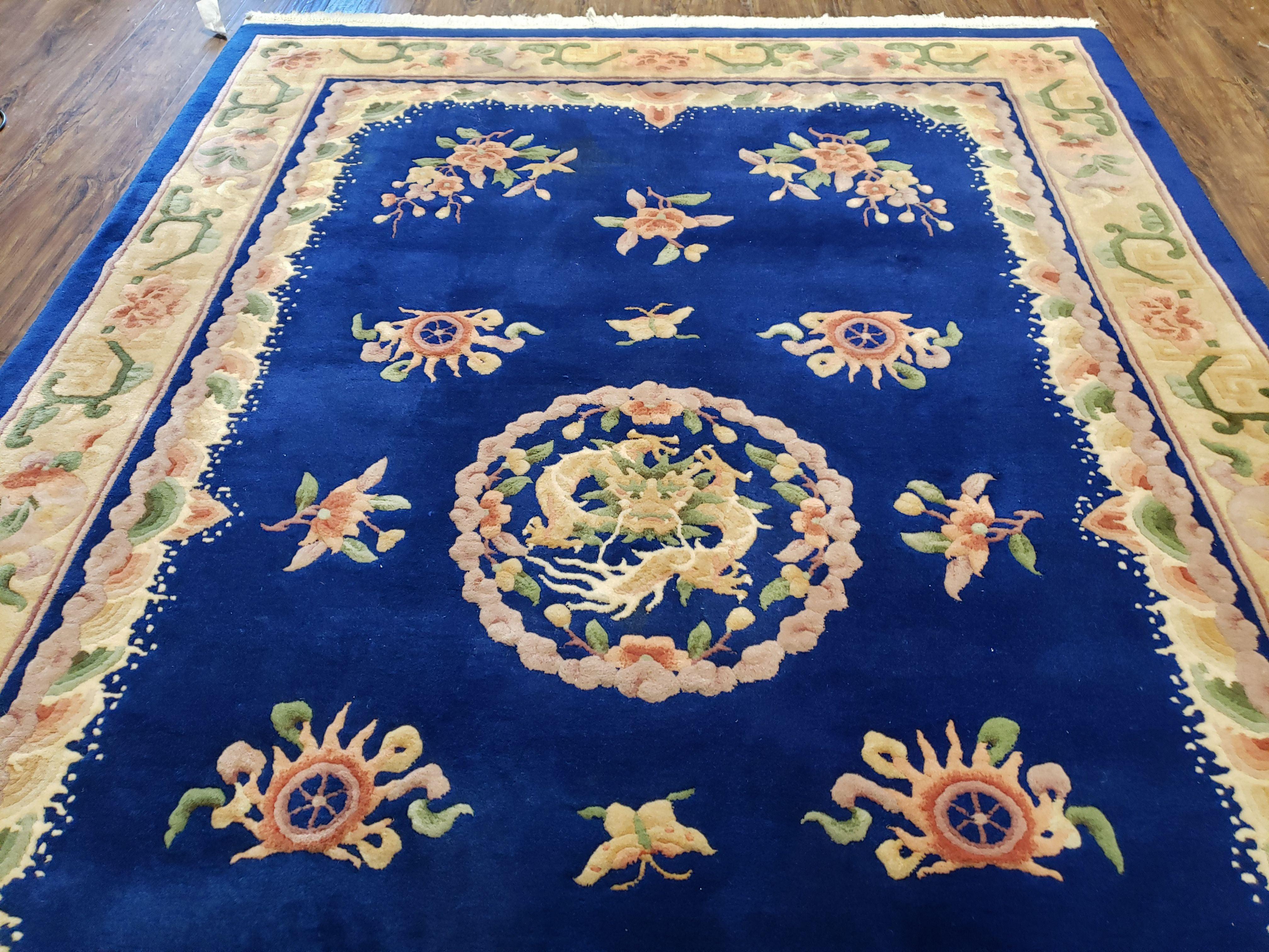 Blue Chinese Rug Vintage 6x9 Carpet, Chinese Dragon Medallion, Blue & Beige, Hand-Knotted, Soft Wool Pile, Art Deco Rug, Chinese Carving Rug - Jewel Rugs