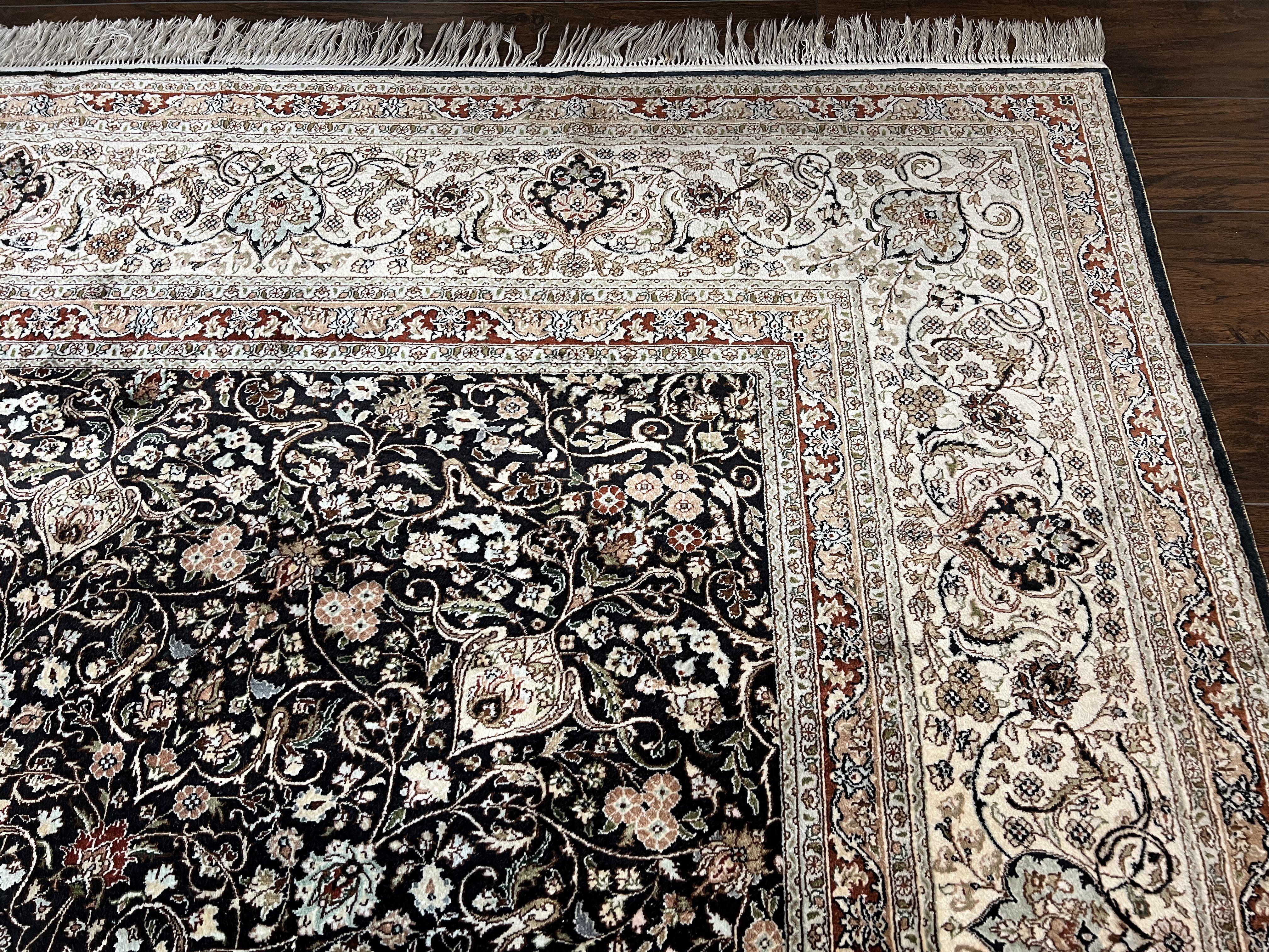 Top Quality Silk Sino Persian Rug 9x12, Highly Detailed Persian Carpet, Center Medallion Floral Allover Black and Ivory/Cream Room Sized Wow - Jewel Rugs