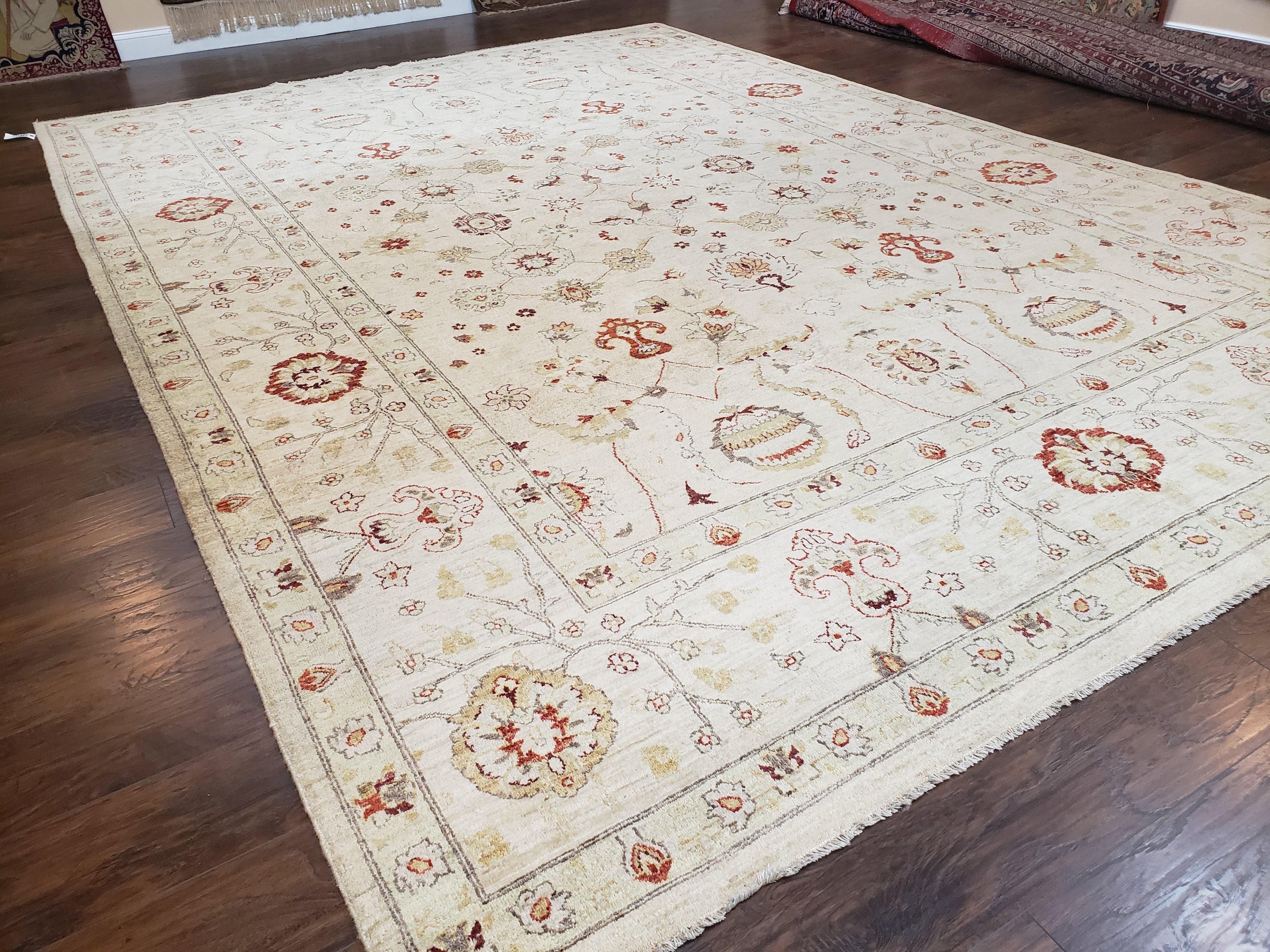 Peshawar Oushak Large Room Sized Rug 10 x 14.4, Wool Hand-Knotted Ivory Chobi Farmhouse Oriental Rug, 10x14 Living Room Pakistani Carpet - Jewel Rugs