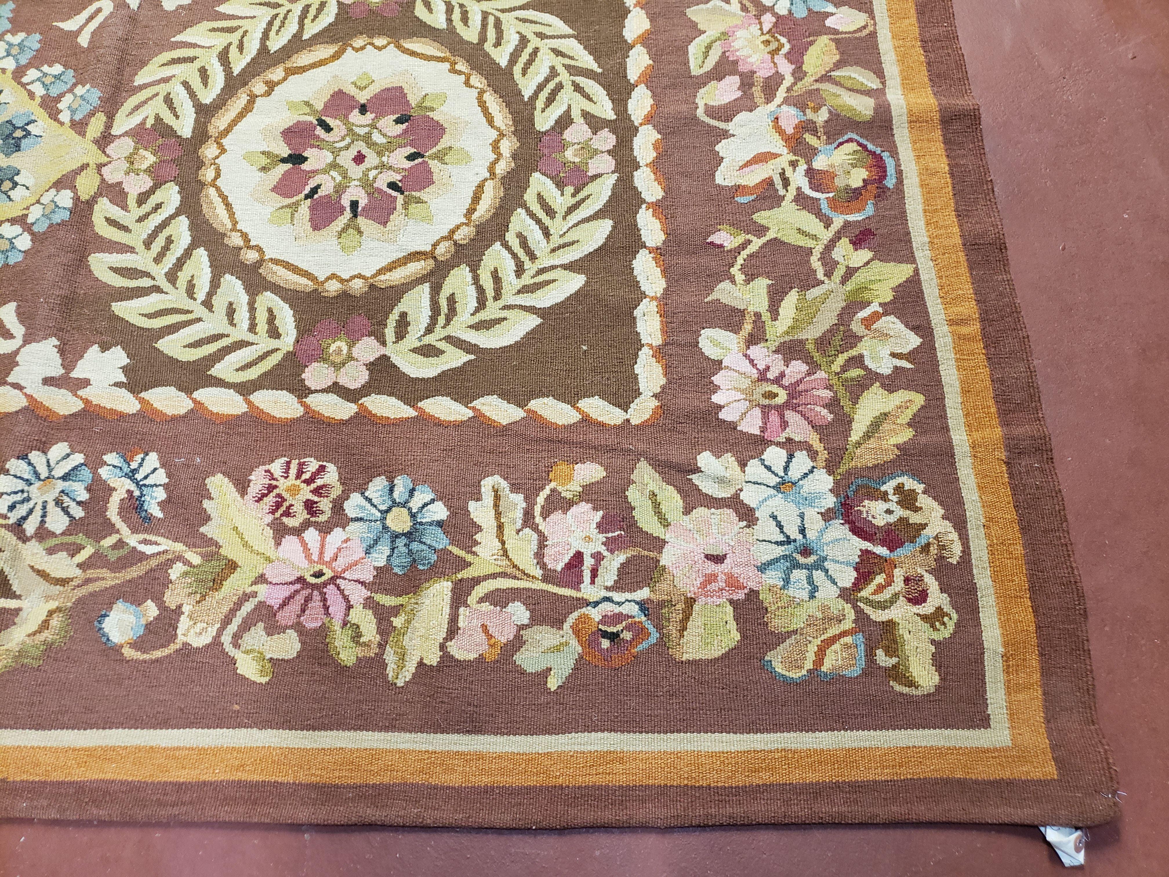 Aubusson Rug 6 x 9 Flat Weave Area Carpet European Design Flowers New Brown Rug Handmade Wool Hand-Knotted Aubusson Weave Medium Rug 6x9 - Jewel Rugs