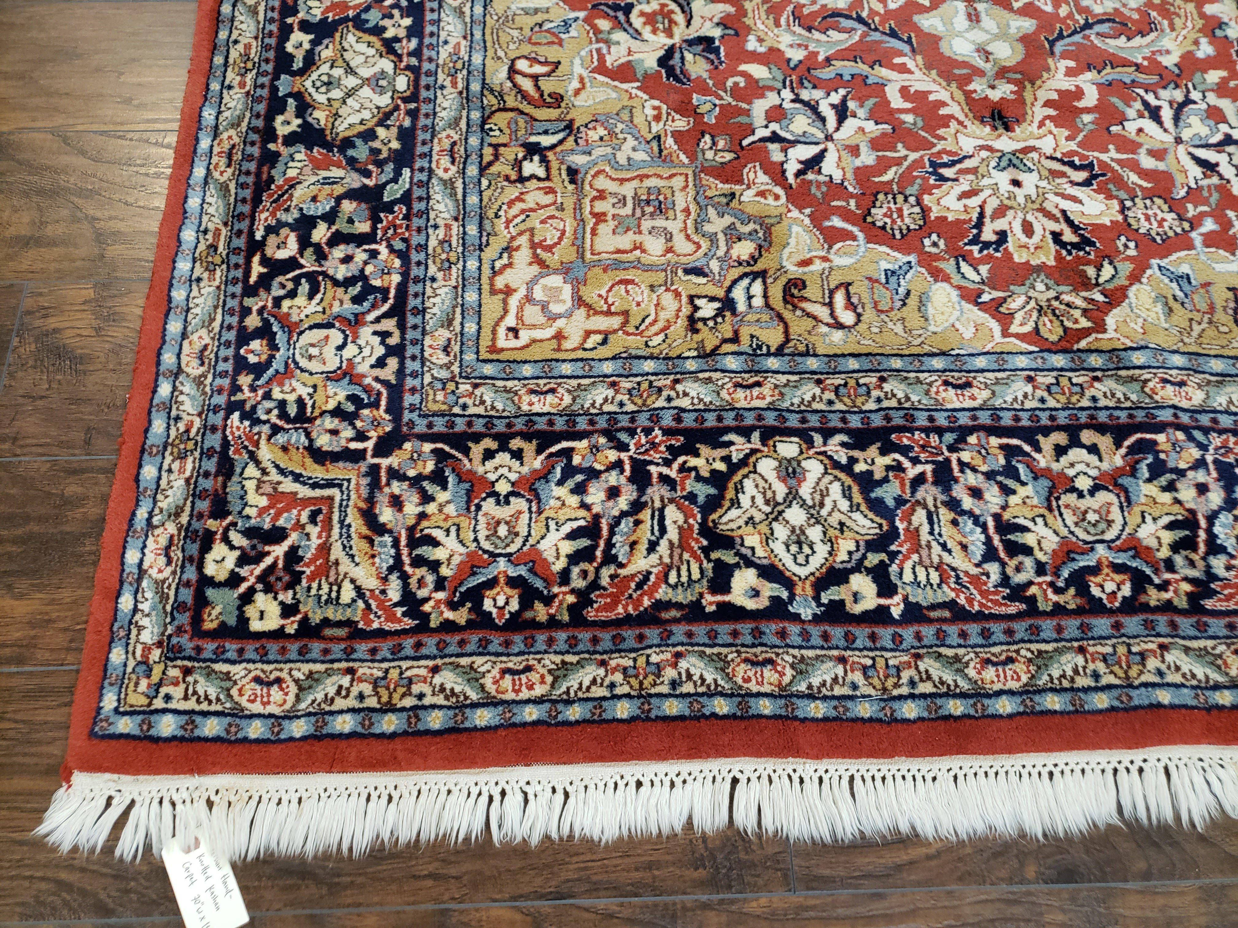 Vintage Indo Persian Oriental Rug 6 x 9.6, Wool Hand-Knotted Red Dark Blue & Gold Indian Carpet, 6 x 9 Office Room Rug, Floral Medallion - Jewel Rugs