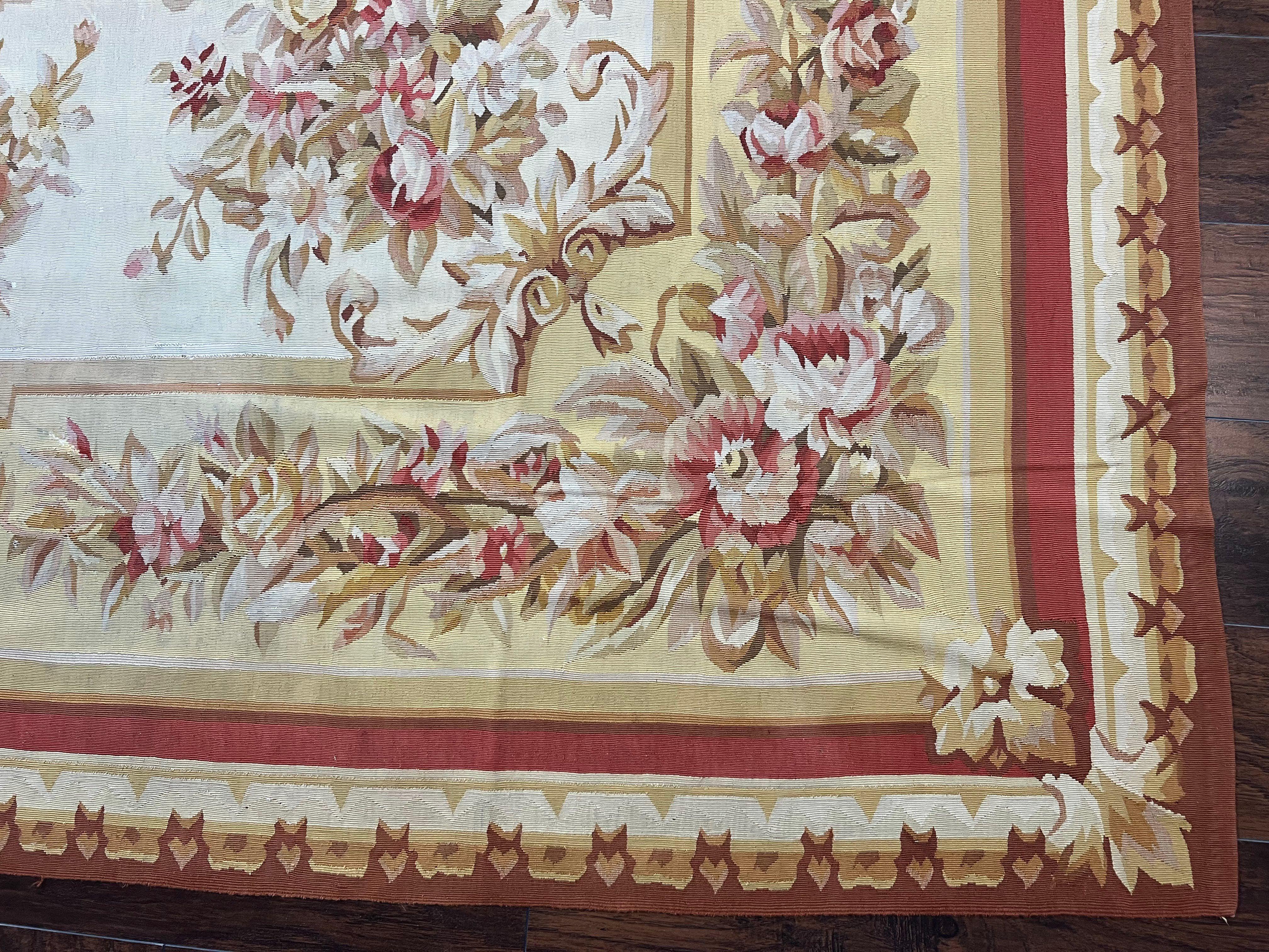 Aubusson Rug 9x12, Elegant Flatweave Savonnerie Carpet 9 x 12 ft, Ivory Light Yellow Red, Handmade Wool Flatweave French European Rug - Jewel Rugs