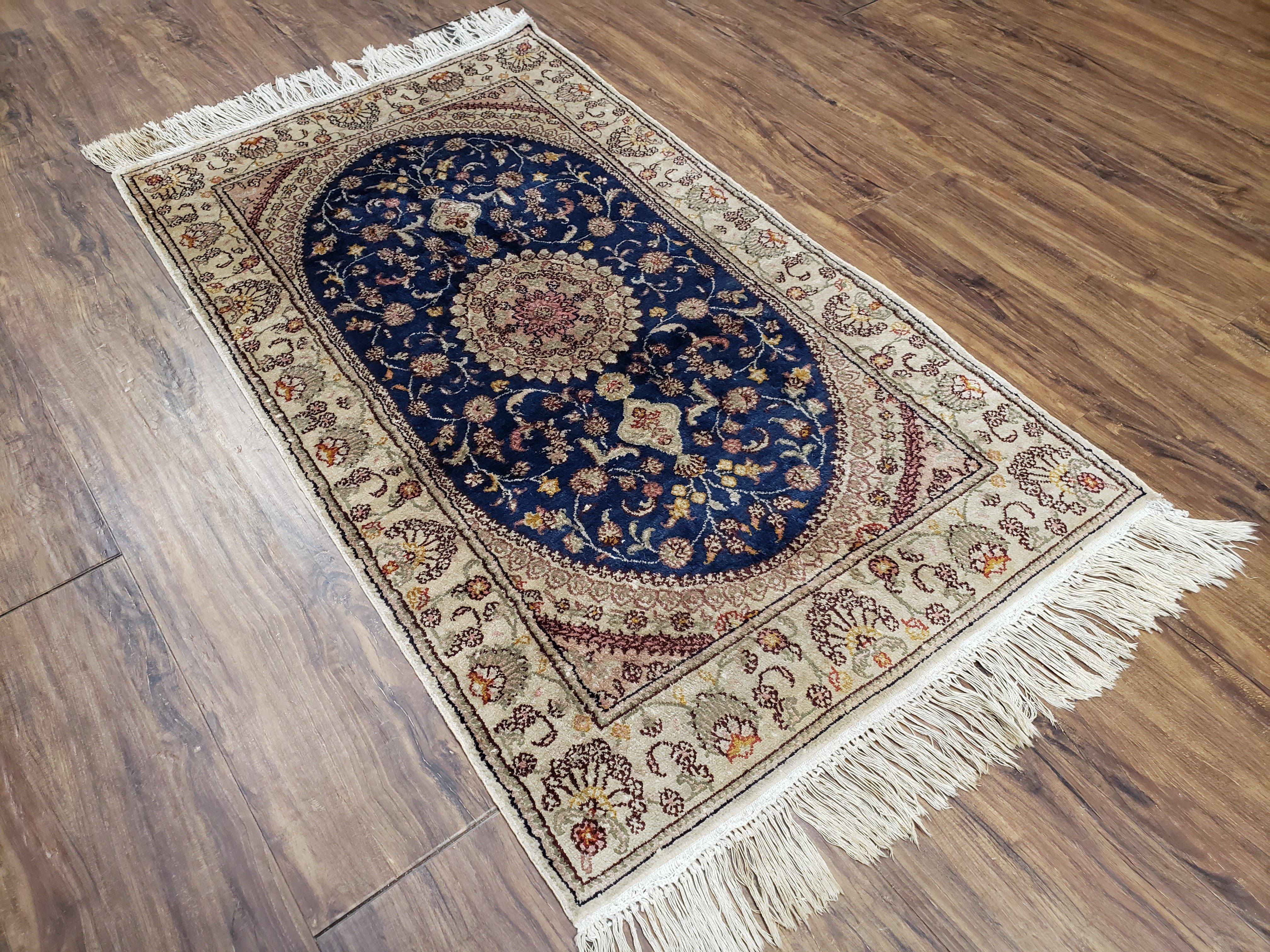 Small Silk Turkish Kayseri Rug 2'4" x 4', Fine Oriental Carpet, Vintage Traditional Floral Medallion Silk Rug, Hand-Knotted Navy Blue Beige - Jewel Rugs