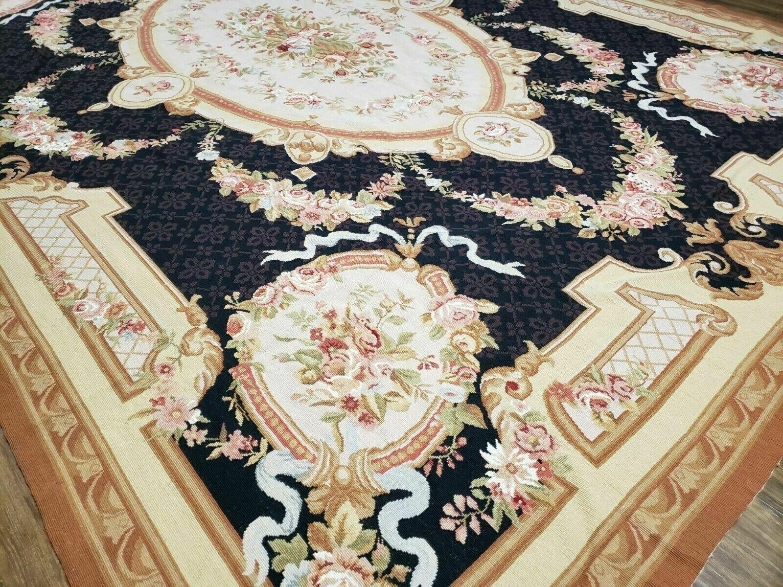 9' X 12' Handmade French Aubusson Savonnerie Needlepoint Rug Black Beige Nice - Jewel Rugs