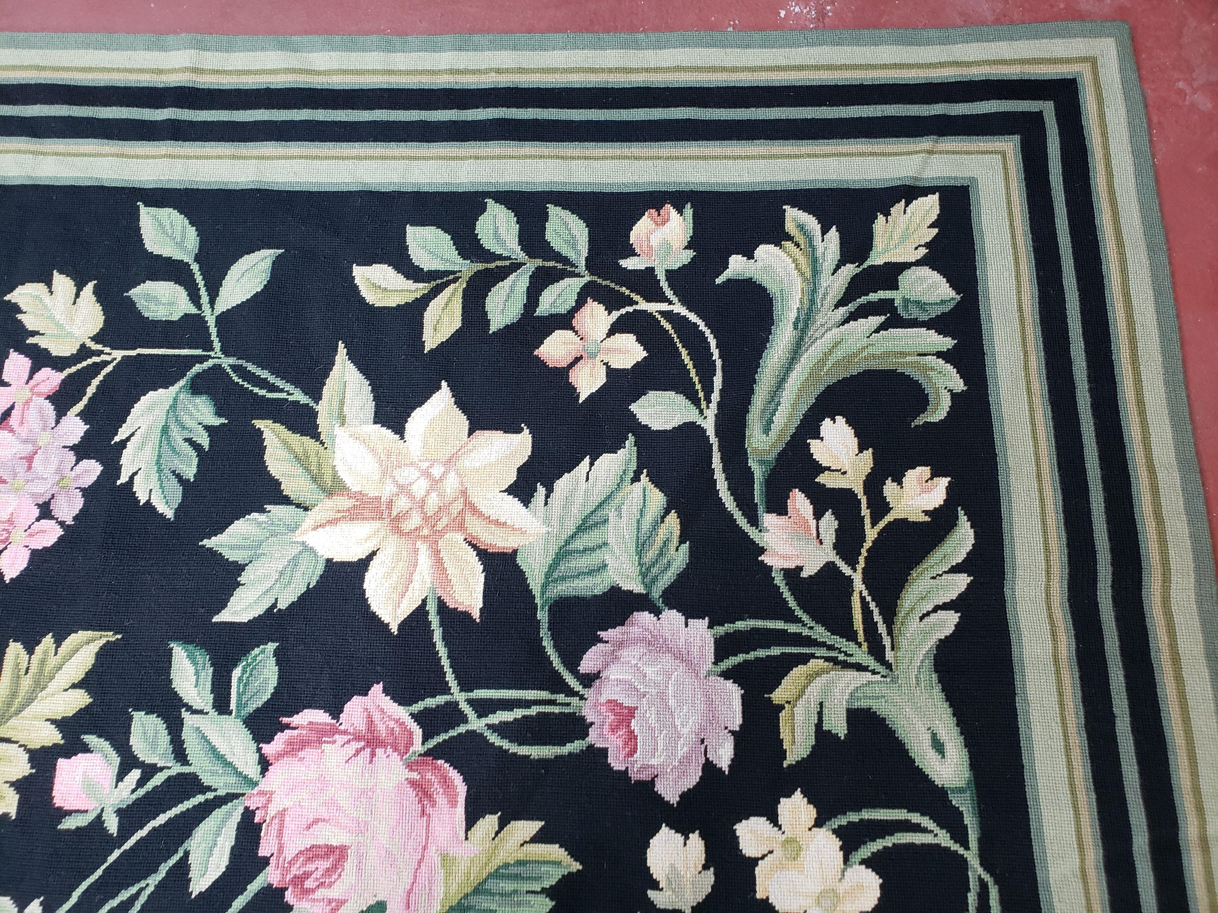 Large Needlepoint Rug, 10x14 Needlepoint, Black Rug, Allover Floral, New Needlepoint Rug, Flat Weave Rug 10 x 14, Chinese Aubusson Carpets - Jewel Rugs