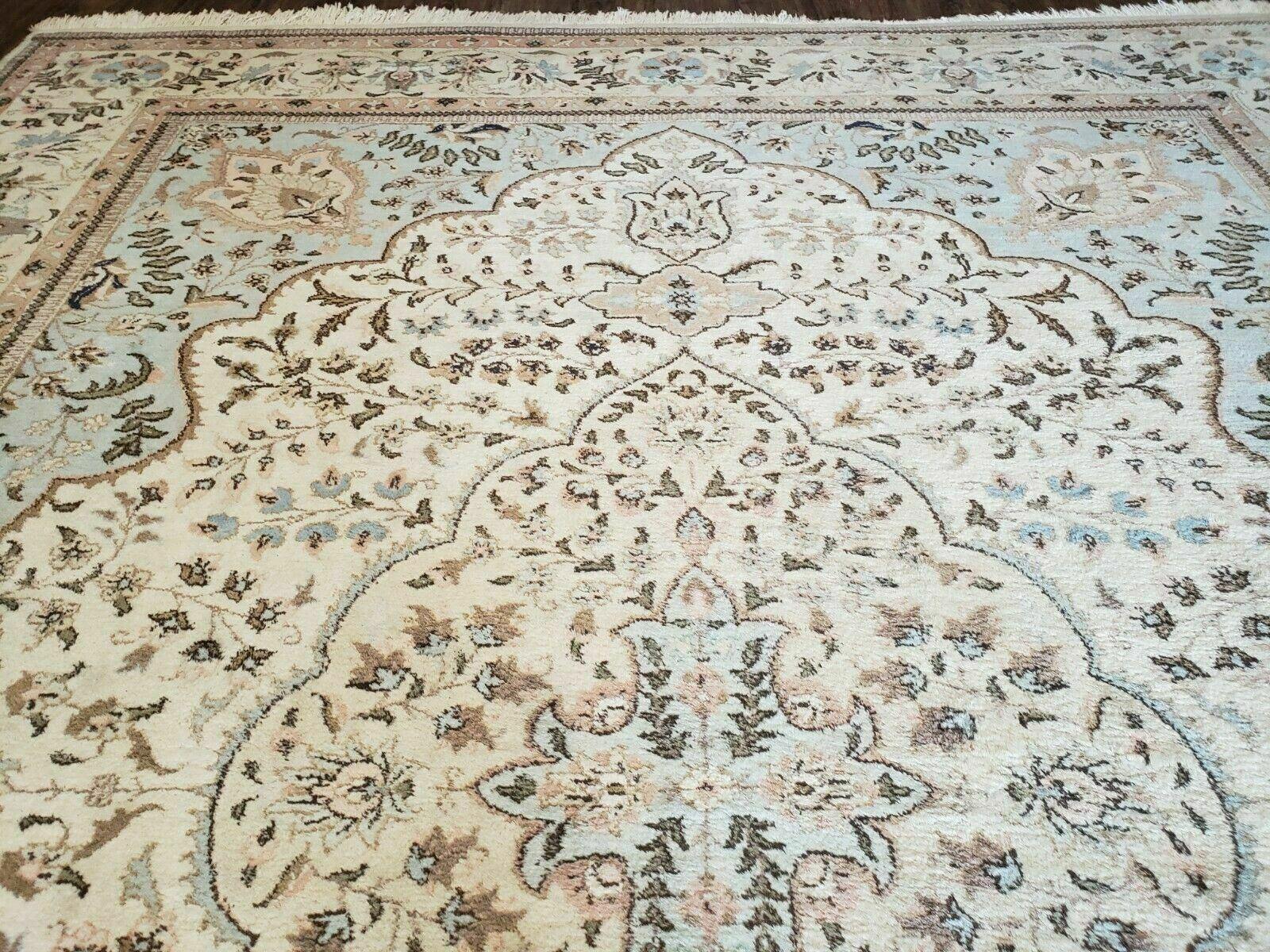 10' X 13' Vintage Handmade Indian Amritsar Wool Rug Oatmeal Soft Blue - Jewel Rugs