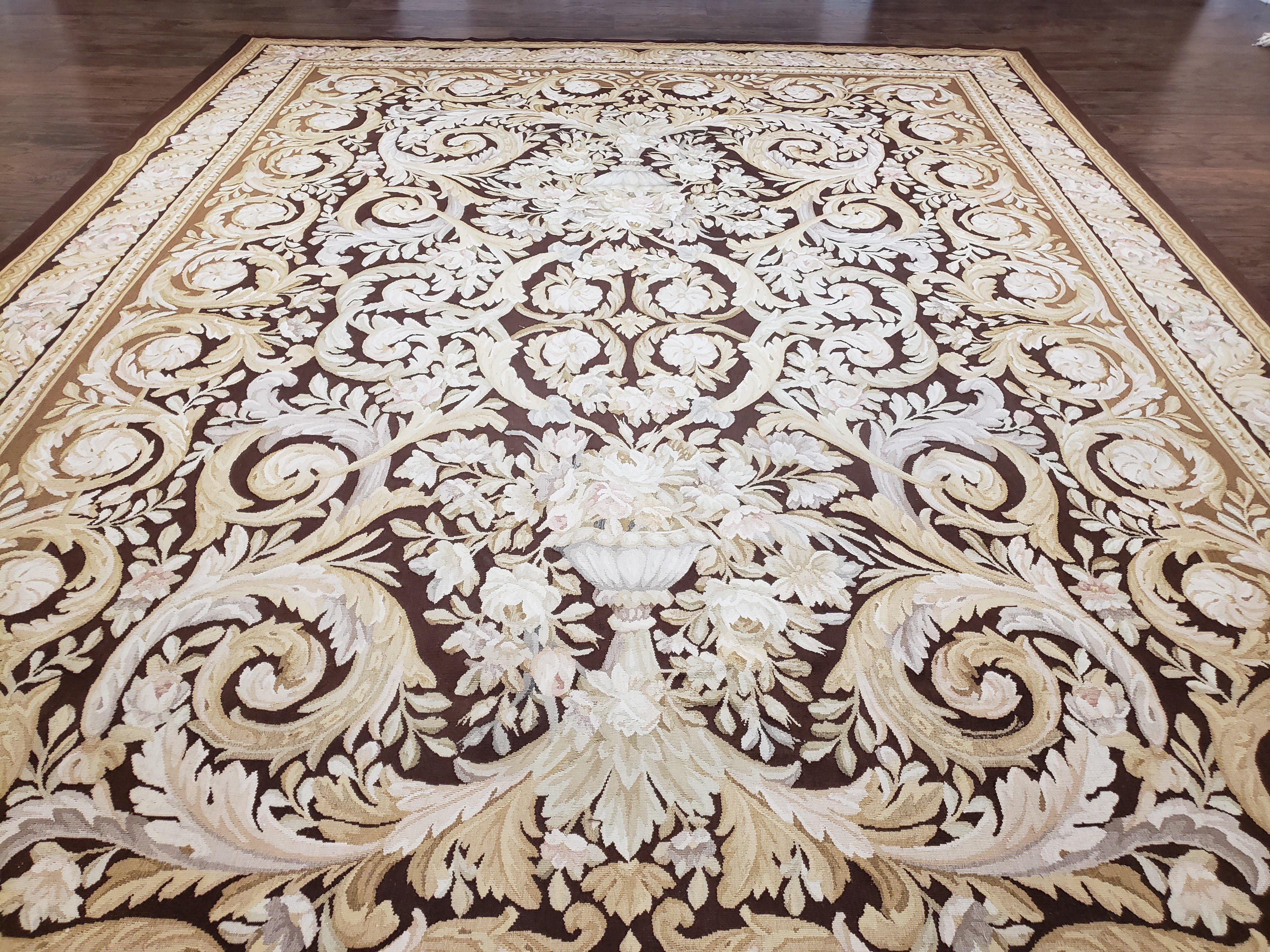 Vintage Aubusson Savonnerie Floral Area Rug, 8x12 - 9x12 Wool Handmade Dark Brown Chinese Aubusson Flatweave Rug, Bedroom Rug, Living Room - Jewel Rugs