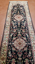 Traditional Oriental Runner Rug, 12ft Long Hallway Carpet, 2.5 ft Wide Black & Ivory Persian Runner, 2' 7" x 12", Hand Knotted Wool Vintage - Jewel Rugs