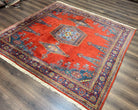 Square Persian Rug 7.7 x 7.3, Red and Blue Persian Wiss/Viss Hand Knotted Carpet, Antique Wool Oriental Tribal Rug, Boho Rug, Geometric Medallions - Jewel Rugs