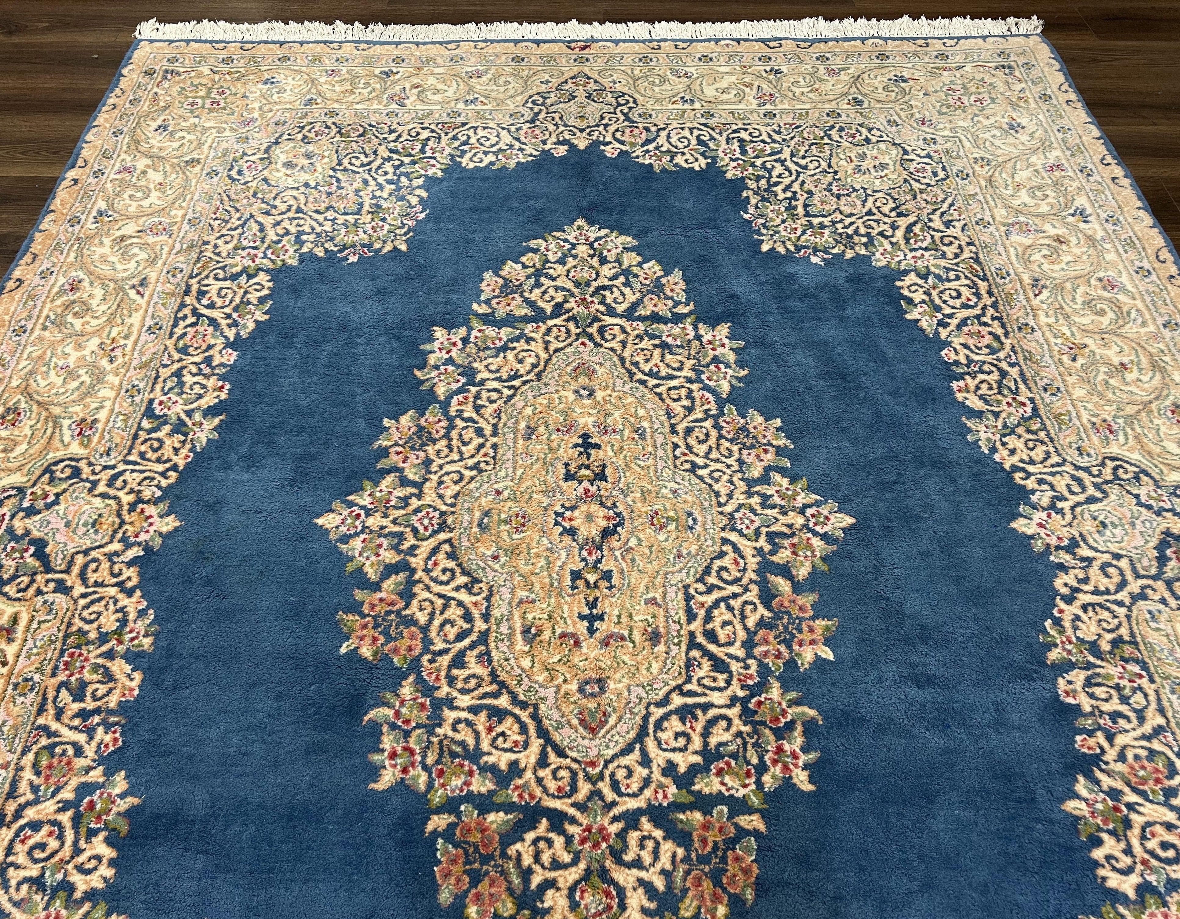 Persian Kirman Rug 8x10, Vintage Oriental Carpet, Wool Handmade Rug, Sky Blue Beige, Signed Area Rug, Semi Open Field Floral Medallion Rug - Jewel Rugs