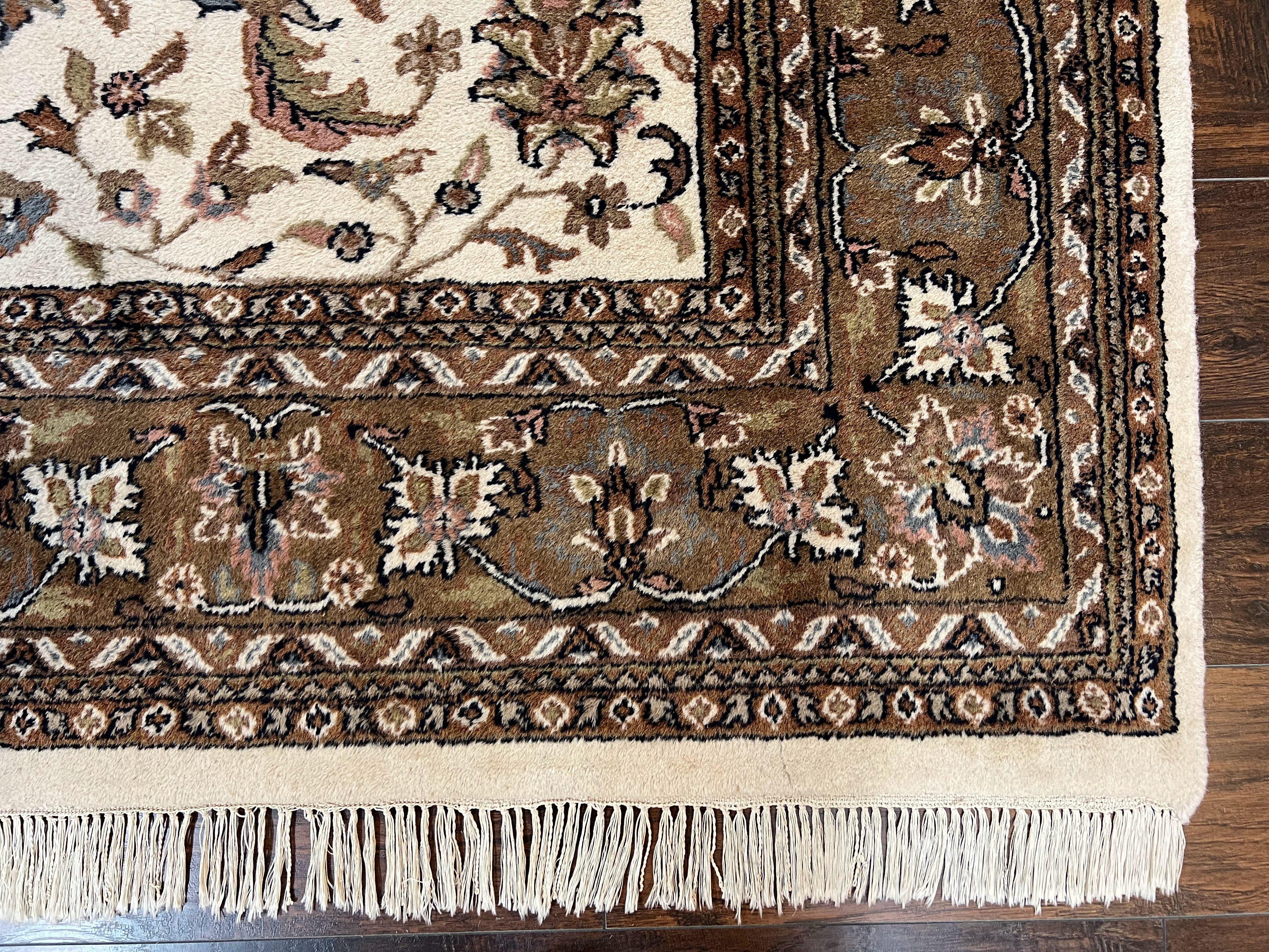 Indo Kirman Rug 8x12 Allover Floral Design, Ivory/Cream Brown, Vintage Handmade Hand Knotted Rug, Traditional Wool Persian Carpet 8 x 12 - Jewel Rugs