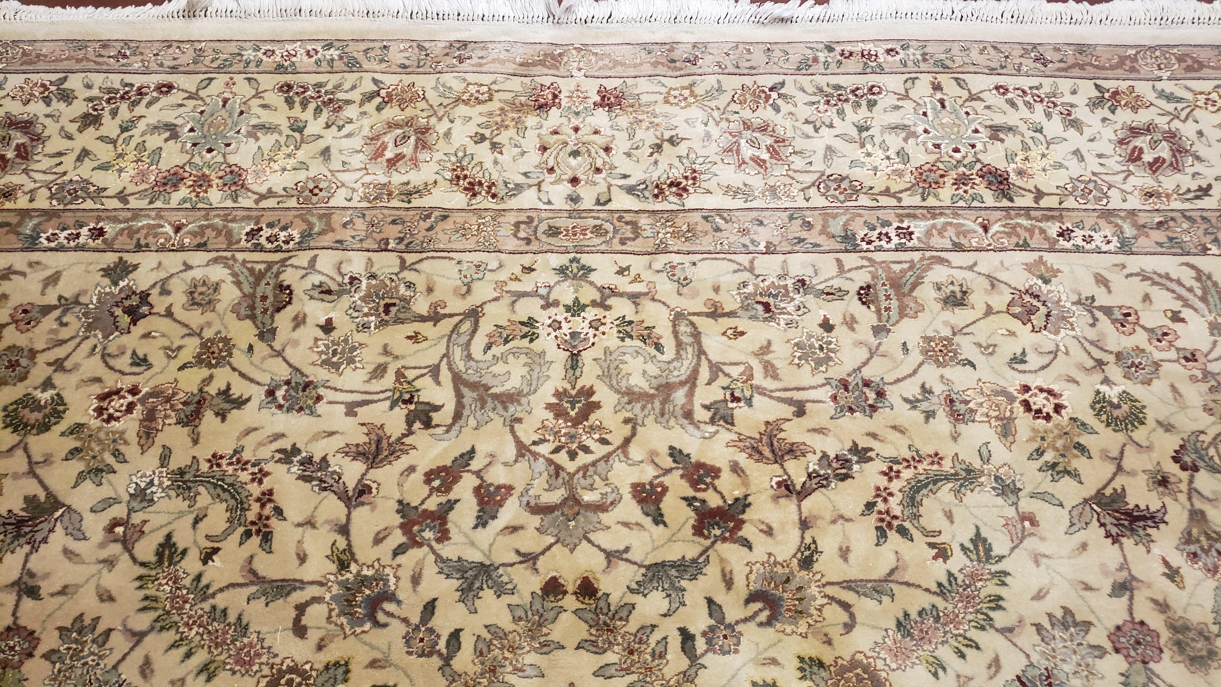 Vintage Oriental Carpet 9x12, Persian Design, Wool with Silk, Finely Hand Knotted, Beige & Teal, Allover Floral Traditional Pattern - Jewel Rugs