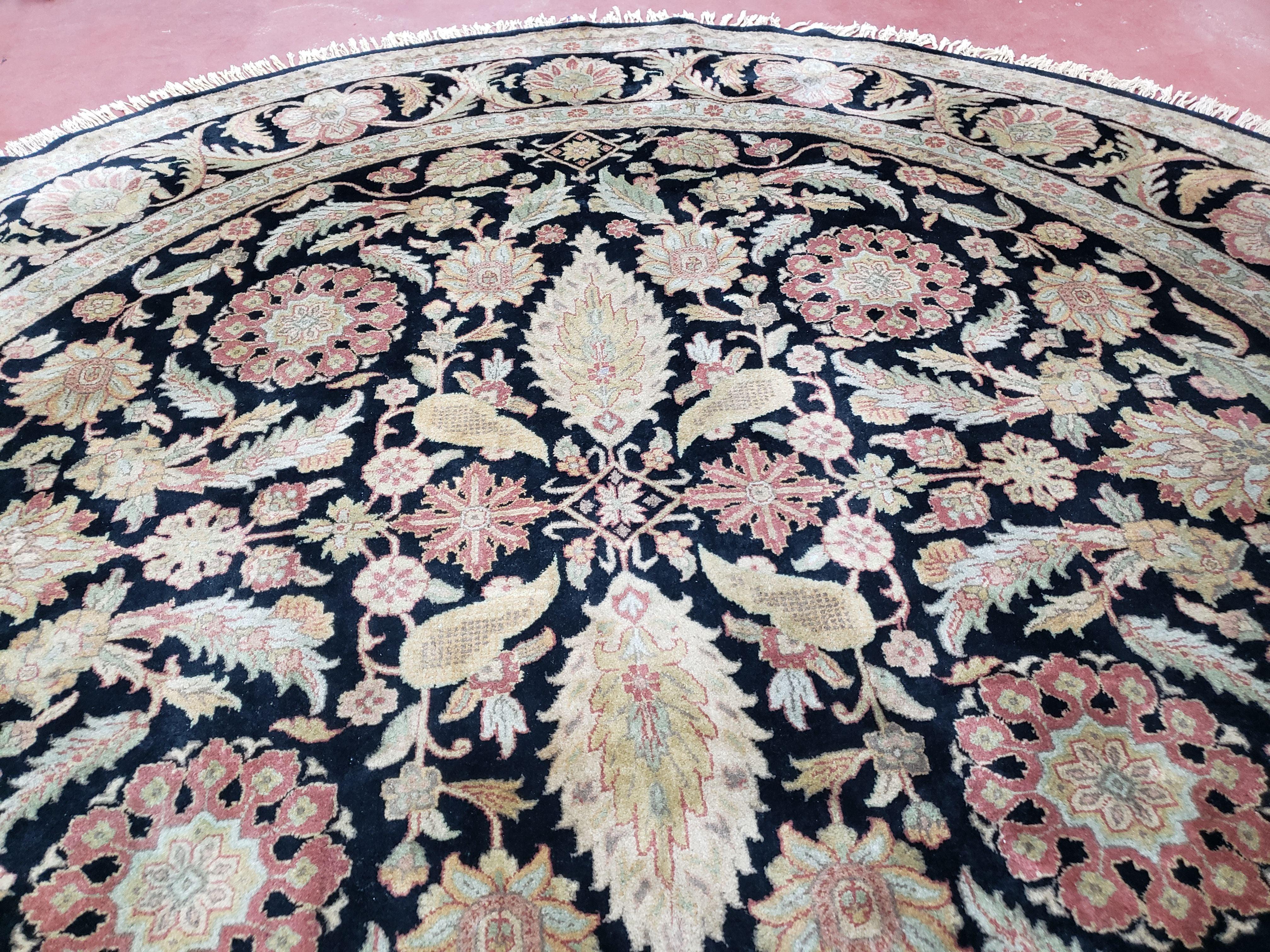 10ft Round Hand-Knotted Wool Rug, Large Round Oriental Carpet, 10x10 Indo-Mahal Rug, Traditional Design, Black & Beige Round Rug, Indian Rug - Jewel Rugs