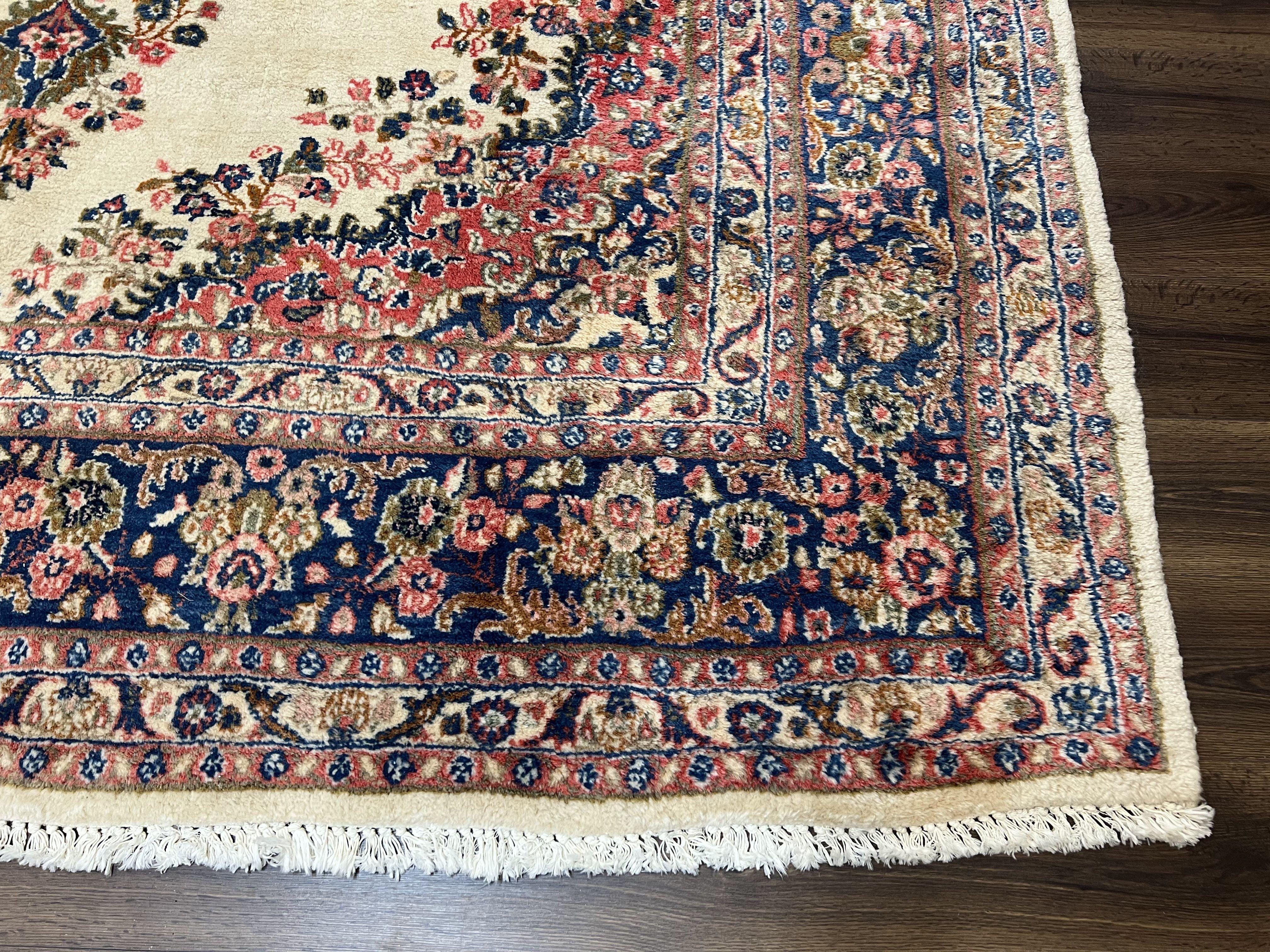 Persian Rug 9x10, Hamadan Rug, Antique Oriental Carpet, Wool Rug, Semi Open Field, Cream and Navy Blue, Kirman Design Hand Knotted Almost Square Rug - Jewel Rugs