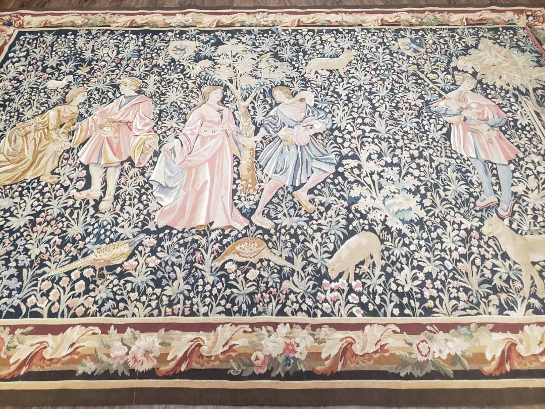 Vintage European Tapestry 5.4 x 7.11, Antique Style European Wall Hanging, Aubusson Weave Handmade Tapestry, Courtship Dating Scene, Animals - Jewel Rugs