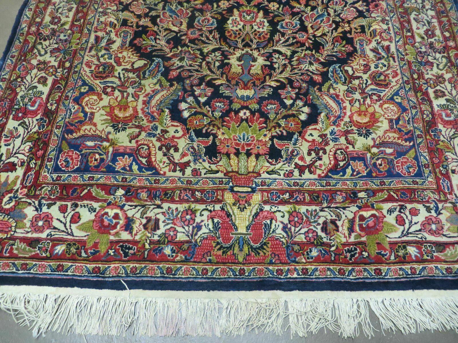 Persian Sarouk Rug 4x7, Hand Knotted Oriental Carpet 4 x 7 ft, Dark Blue Cream Red Floral Wool Rug, Semi Antique 1950s Persian Area Rug, Handmade - Jewel Rugs