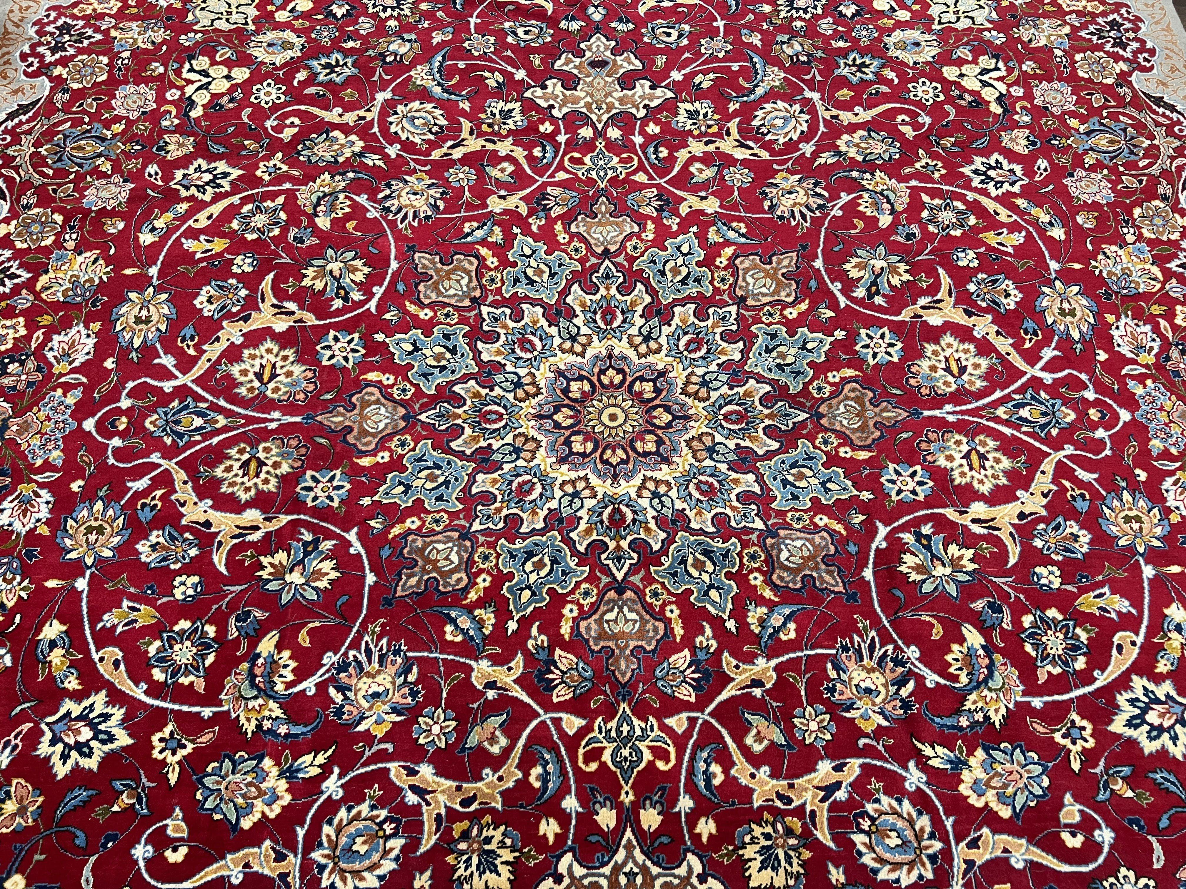 Large Red Persian Kashan Rug 10x14, Allover Floral Pattern, Central Medallion, Vintage Antique Rug, Hand Knotted Wool Authentic Oriental Carpet - Jewel Rugs