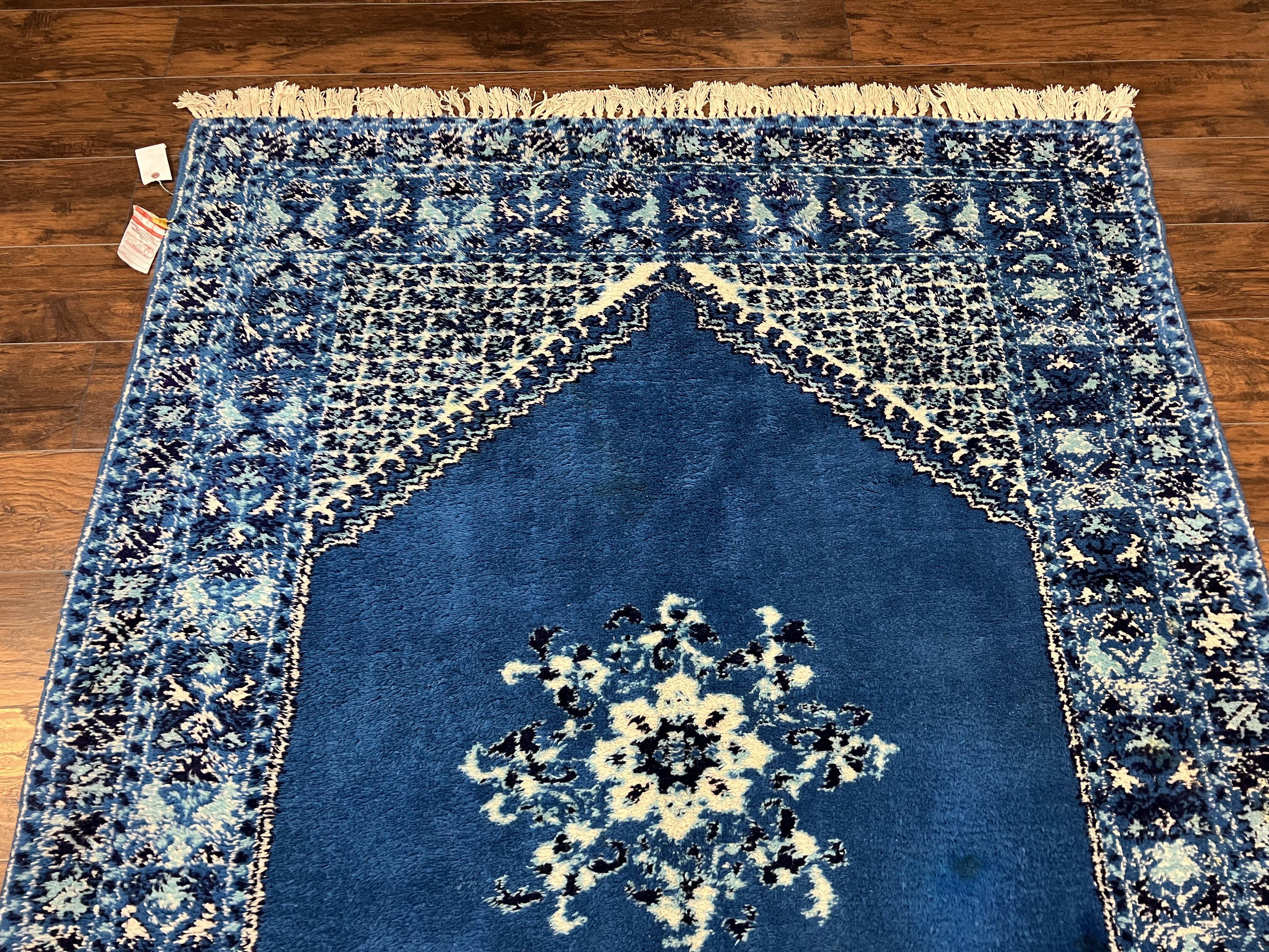 Vintage Moroccan Rug 5.6 x 7.6, Blue and Ivory Area Rug, Hand-Knotted Oriental Carpet, Geometric Medallion Open Field, Soft Wool Rug, Nice - Jewel Rugs