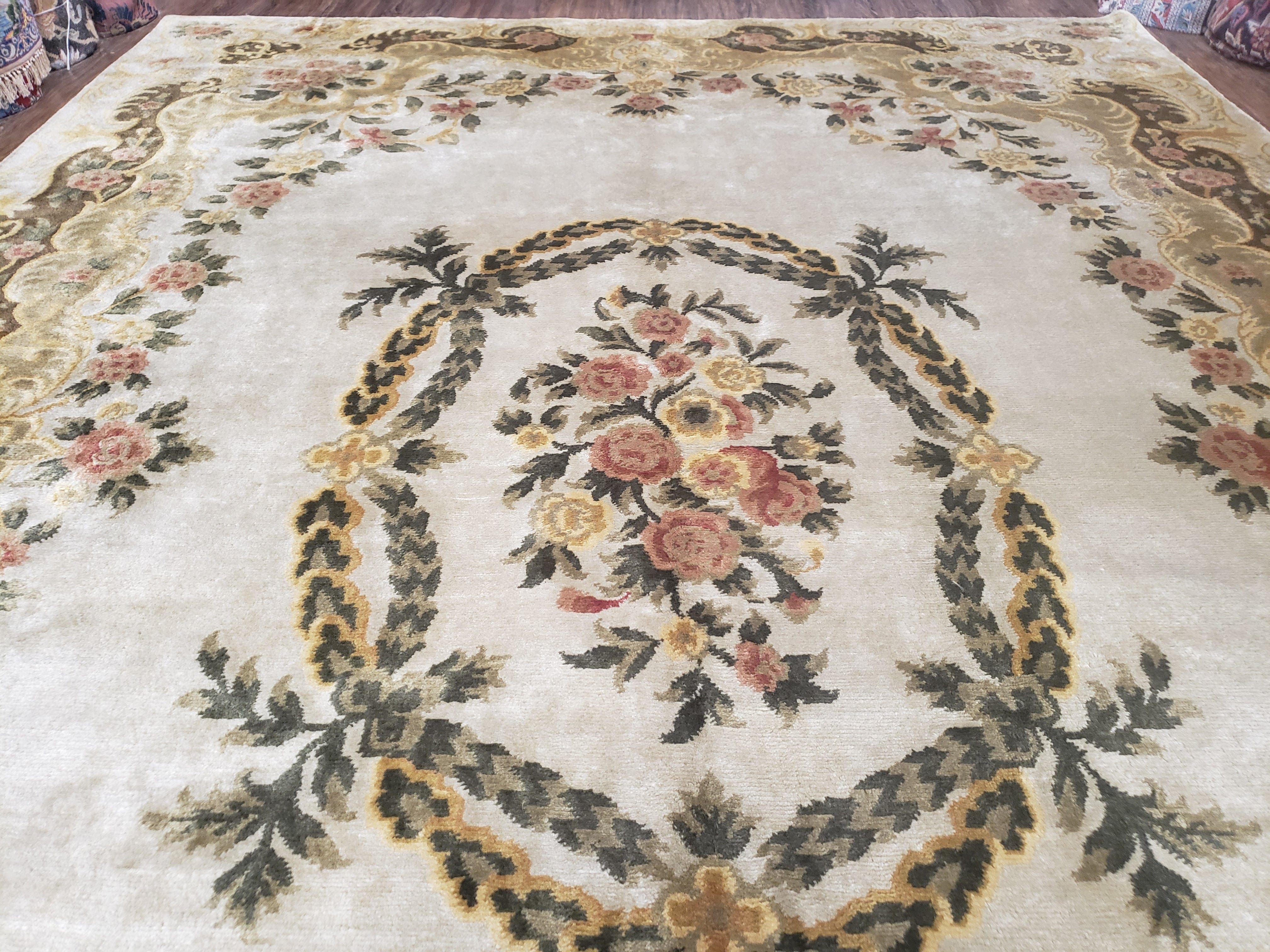 Aubusson Rug 10x14, Elegant French European Design, Vintage Handmade Carpet with Pile, Beige Floral Dining Room Rug, Living Room, Soft Wool - Jewel Rugs