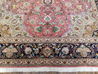 Vintage Persian Tabriz Rug 6.7 x 9.9, Wool Hand-Knotted Salmon Pink & Dark Blue Floral Medallion Carpet, Traditional Fine Persian Oriental Rug - Jewel Rugs